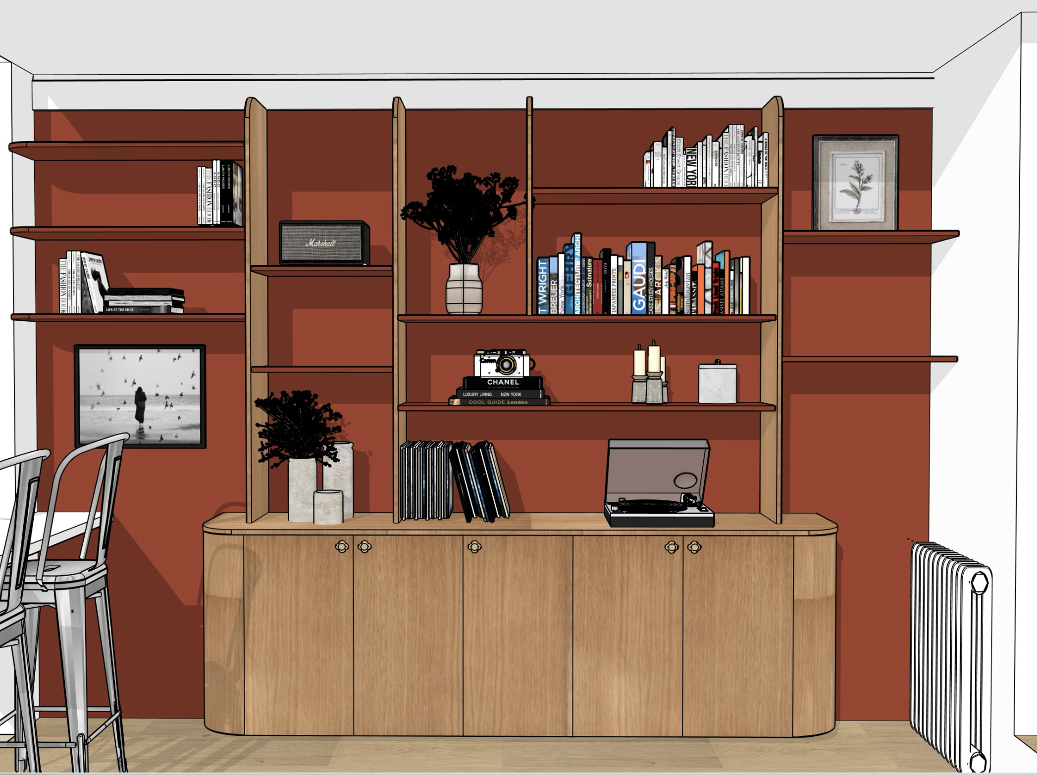 Vue 3D d’un meuble bibliothèque sur mesure en bois avec fond rouge, conçu pour un séjour à Rueil-Malmaison