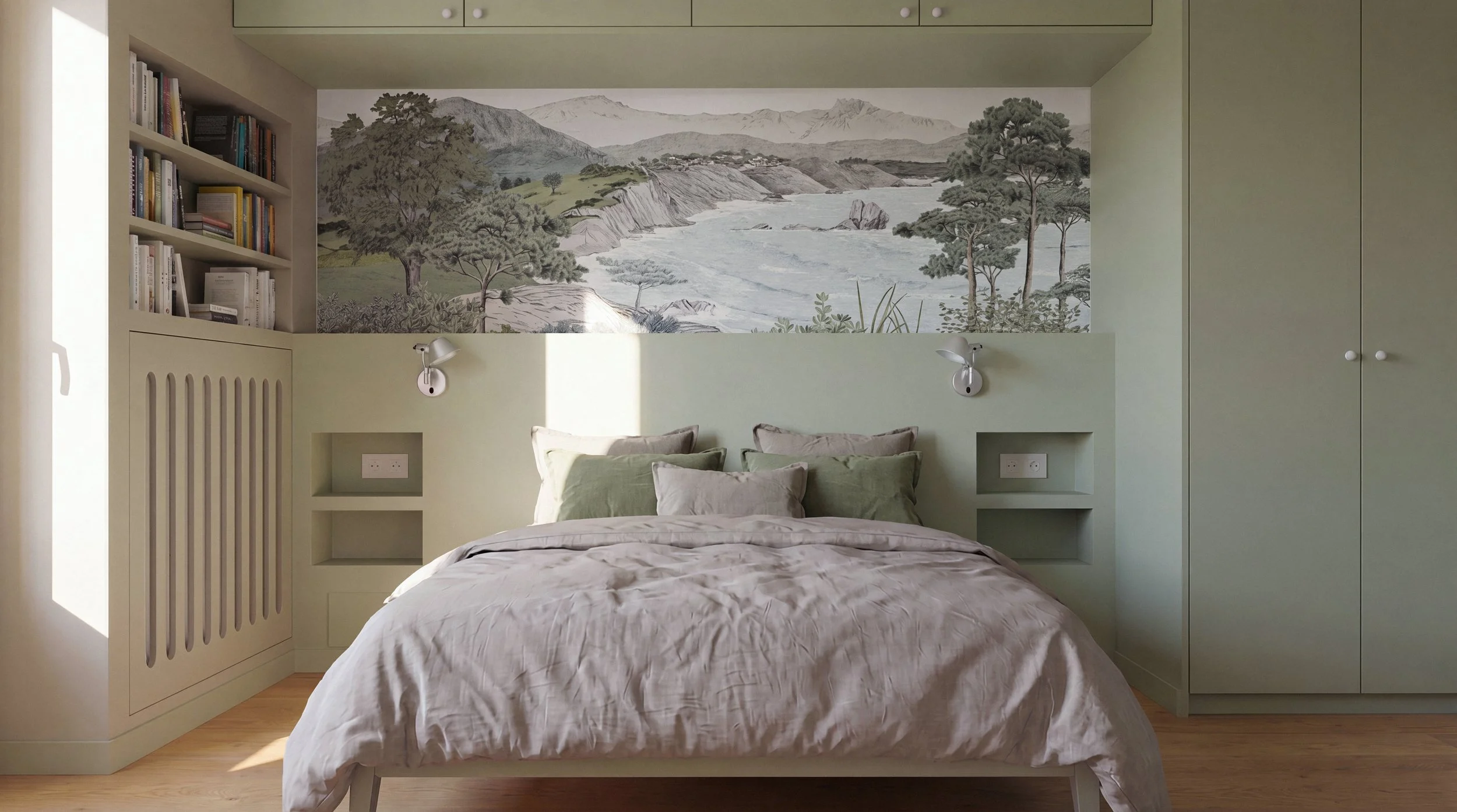 Tête de lit sur mesure dans une chambre d’appartement neuf aménagé en VEFA