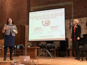 Take The Lead Leadership Ambassadors Jennifer Manuel and Regina Huber presenting at the UN Commission on the Status of Women.