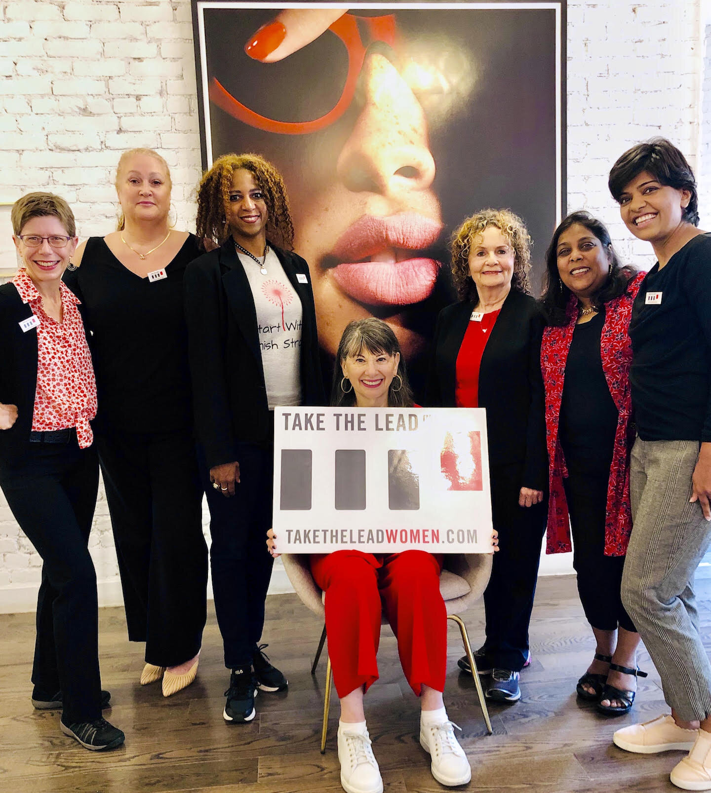 New Leadership Ambassadors ready to deliver the 9 Leadership Power Tools to you and your company. L-R Laura Smith Dunaief (LA Director), Alana Chavez, Colette Ellis, you-know-who in the middle with big feet, Francesca Burack, Surabhi Lai, Vidhi Data.