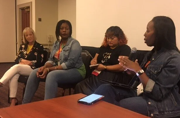 Journalism innovators speak on leadership (l to r) Kristin Gilger, Jhimira Alexander, Jennifer Kho and Mira Lowe at the recent Journalism & Women Symposium in Williamsburg, Va.