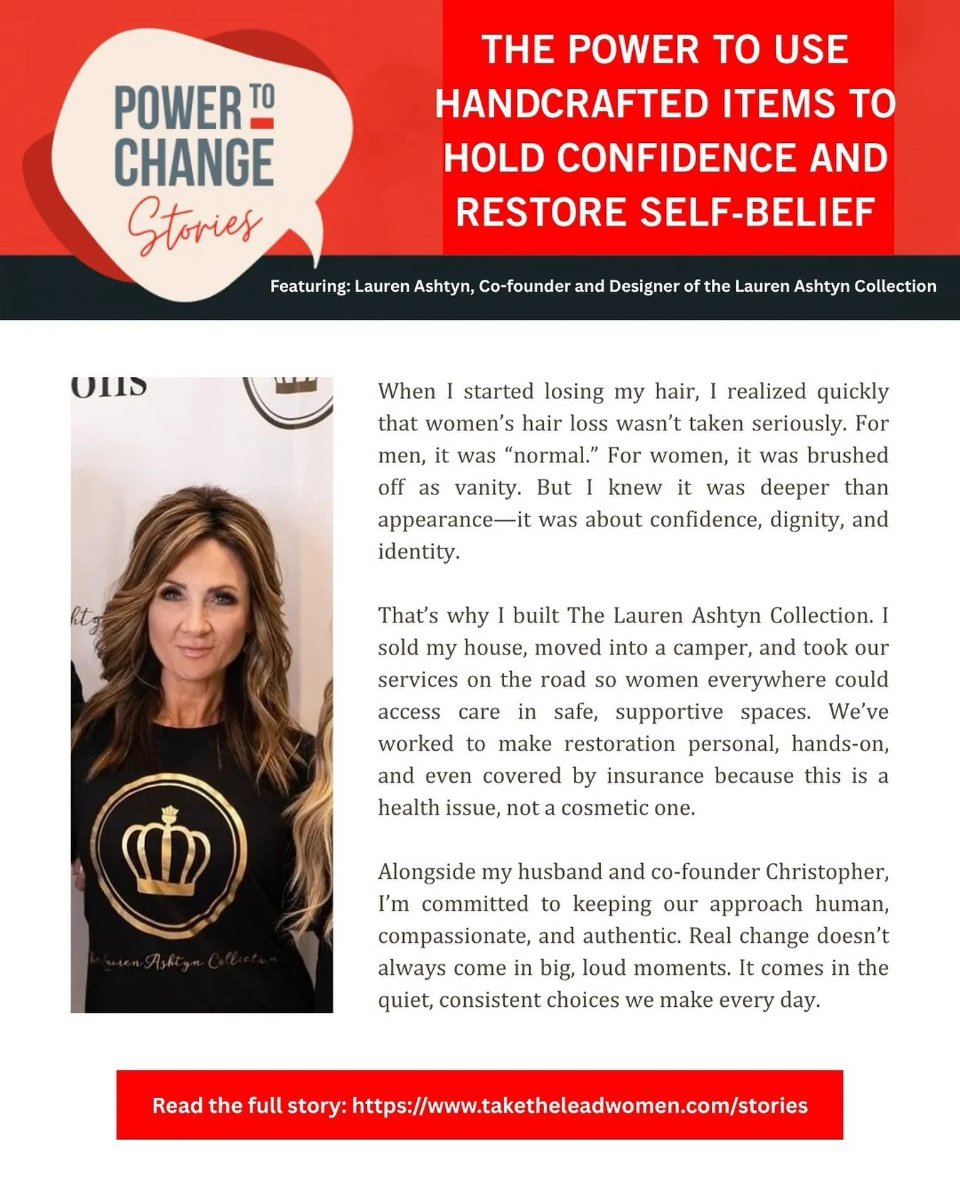 &ldquo;When I started losing my hair, I realized quickly that women&rsquo;s hair loss wasn&rsquo;t taken seriously. For men, it was &lsquo;normal.&rsquo; For women, it was brushed off as vanity. But I knew it was about confidence, dignity, and identi