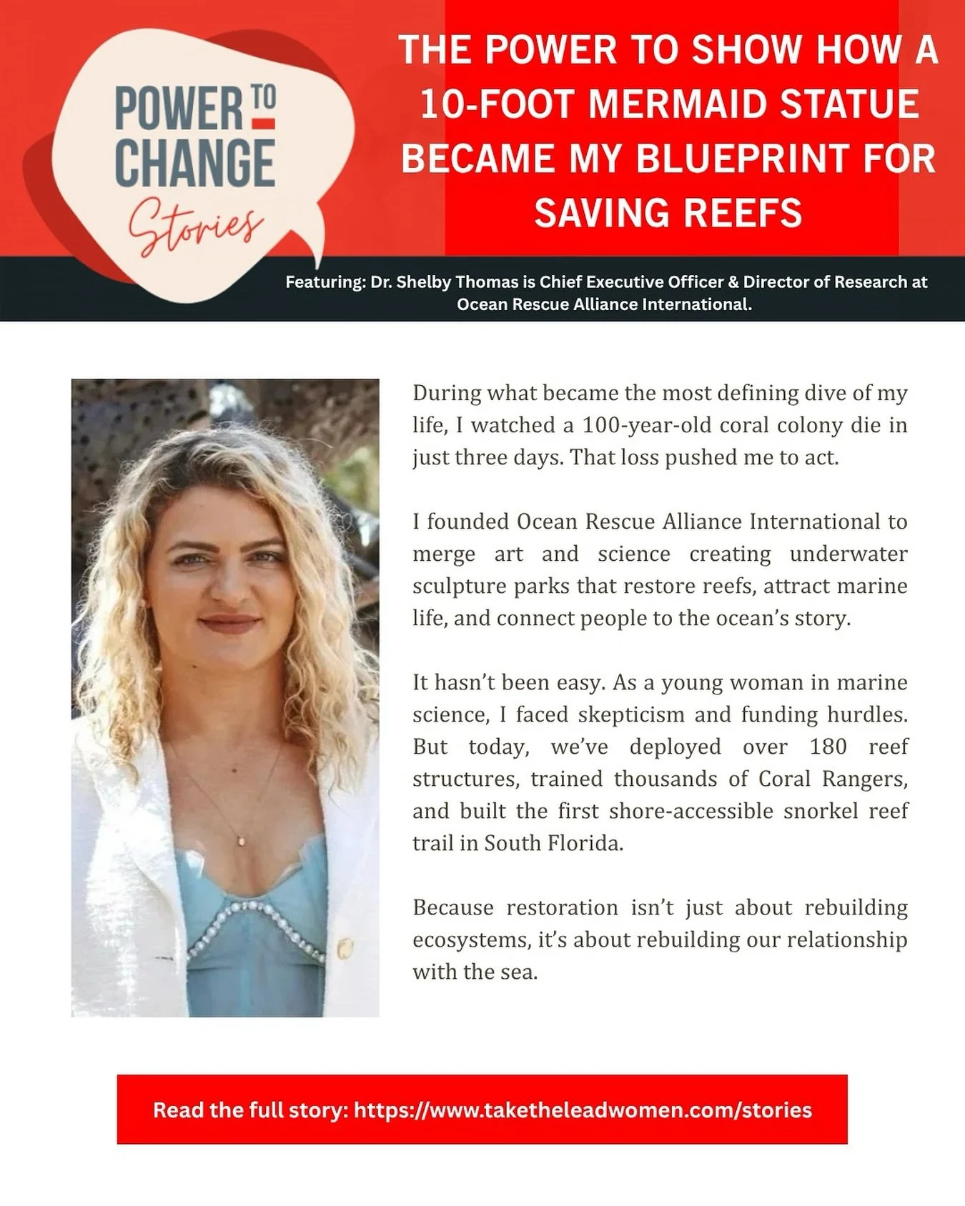 In 2014, Dr. Shelby Thomas witnessed a 100-year-old coral colony die in just three days, a moment that changed her life.

A marine scientist turned social innovator, she founded Ocean Rescue Alliance International, using art as a bridge between scien
