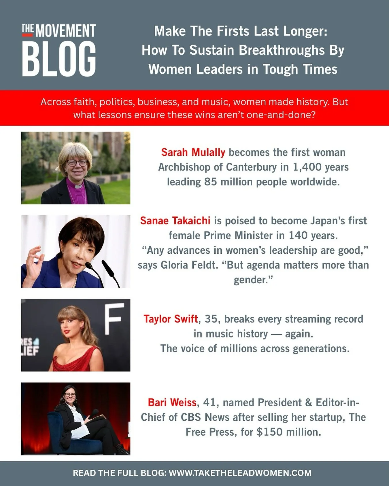 Make The Firsts Last Longer.

Across faith, politics, media, business, and culture, women are breaking centuries-old records and redefining leadership.
But progress can&rsquo;t end with applause.

As Gloria Feldt reminds us: &ldquo;Agenda matters mor