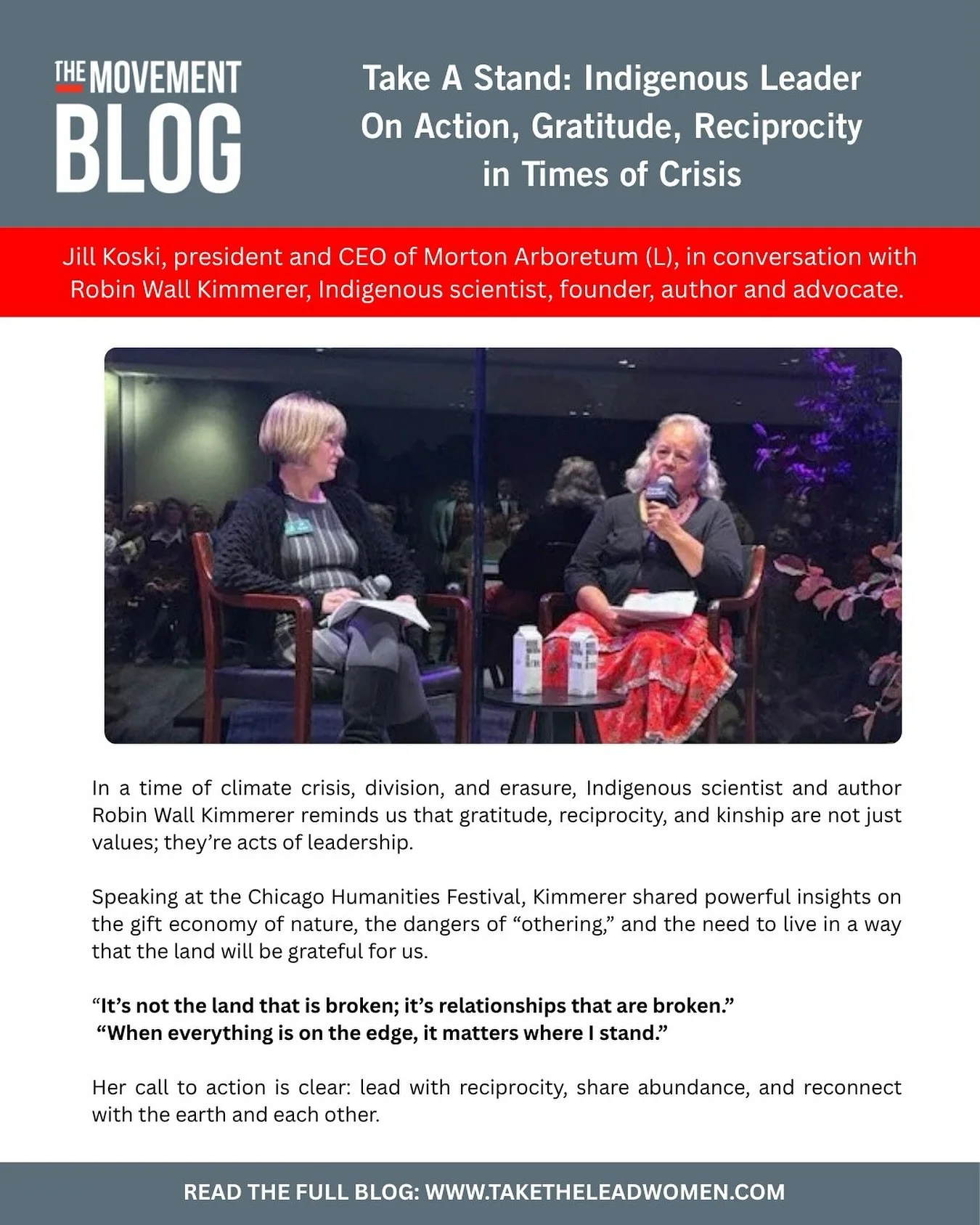 It Matters Where We Stand 🌎

What does it mean to lead with gratitude, reciprocity, and courage in times of crisis?

At the Chicago Humanities Fall Festival, Indigenous scientist, botanist, and bestselling author Robin Wall Kimmerer shared powerful 