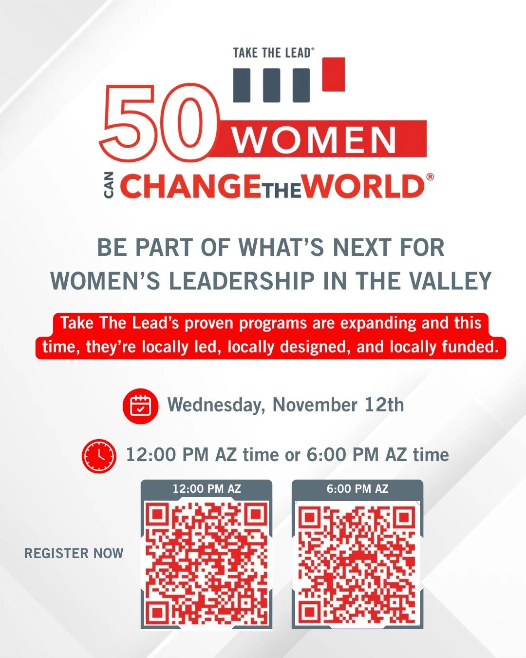 Arizona women are rewriting the story of leadership and it starts here. ✨

Calling all women ready to lead change in your organization, your community, and your life.

Join us this Wednesday, November 12th for the 50 Women Can Change the World Info S