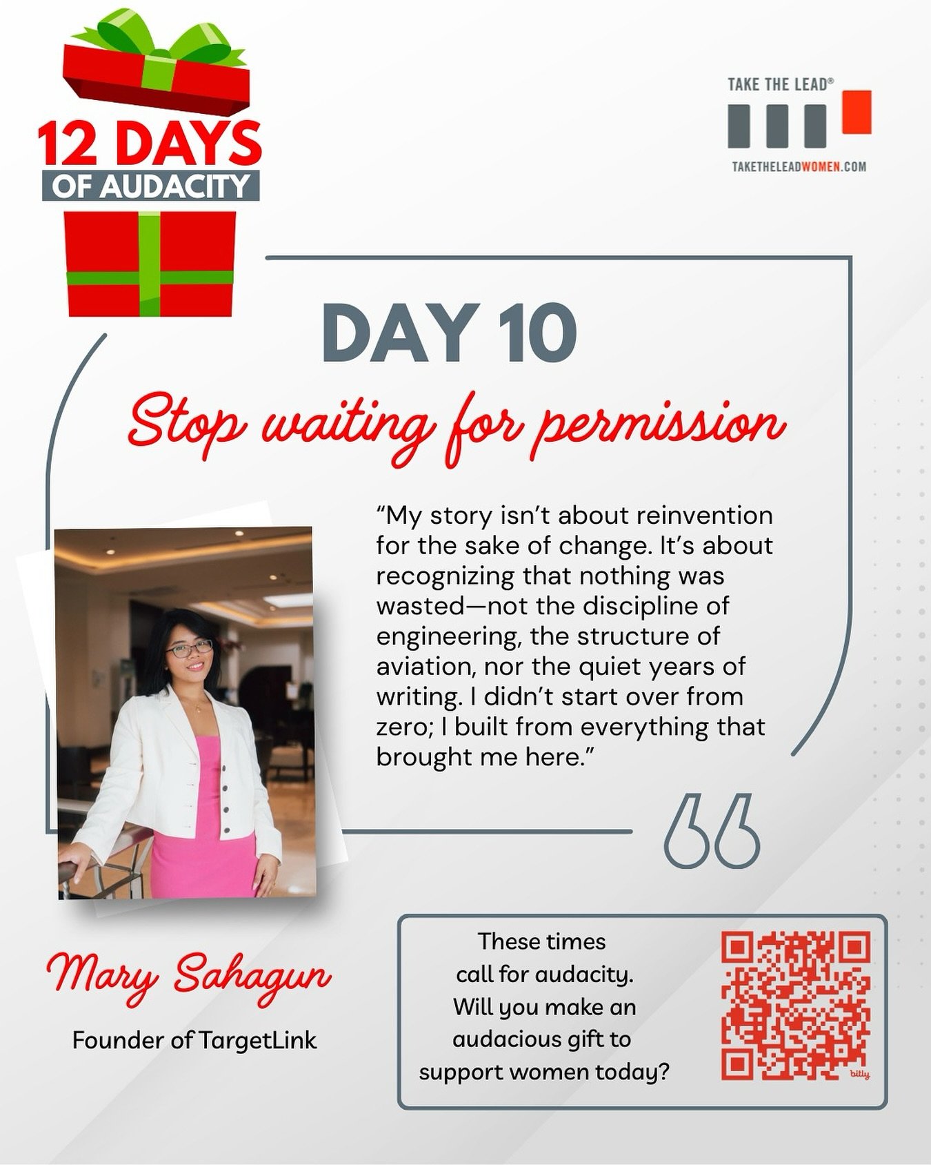 Stopping the wait doesn&rsquo;t always look like a bold leap.

Sometimes it begins by recognizing that what you&rsquo;ve already built still matters, even when the path changes.

Mary Sahagun, founder of TargetLink and a PR and communications strateg