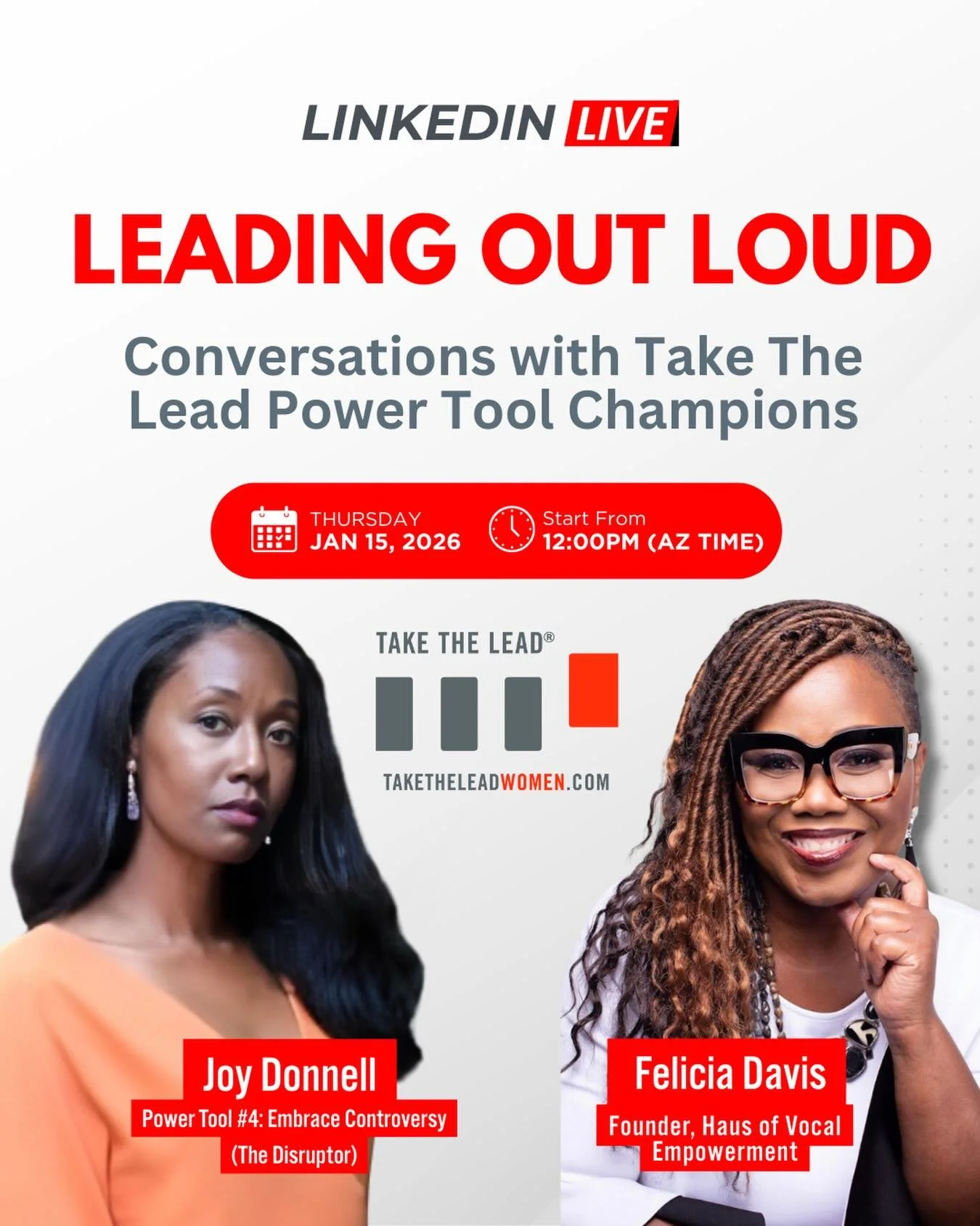 This one is meant to be heard. 🔊

Leading Out Loud is where bold voices meet real truth.

Join us for a powerful, no-filter conversation with
Felicia Davis, Founder of Haus of Vocal Empowerment, and Joy Donnell, Take The Lead Power Tool Champion for