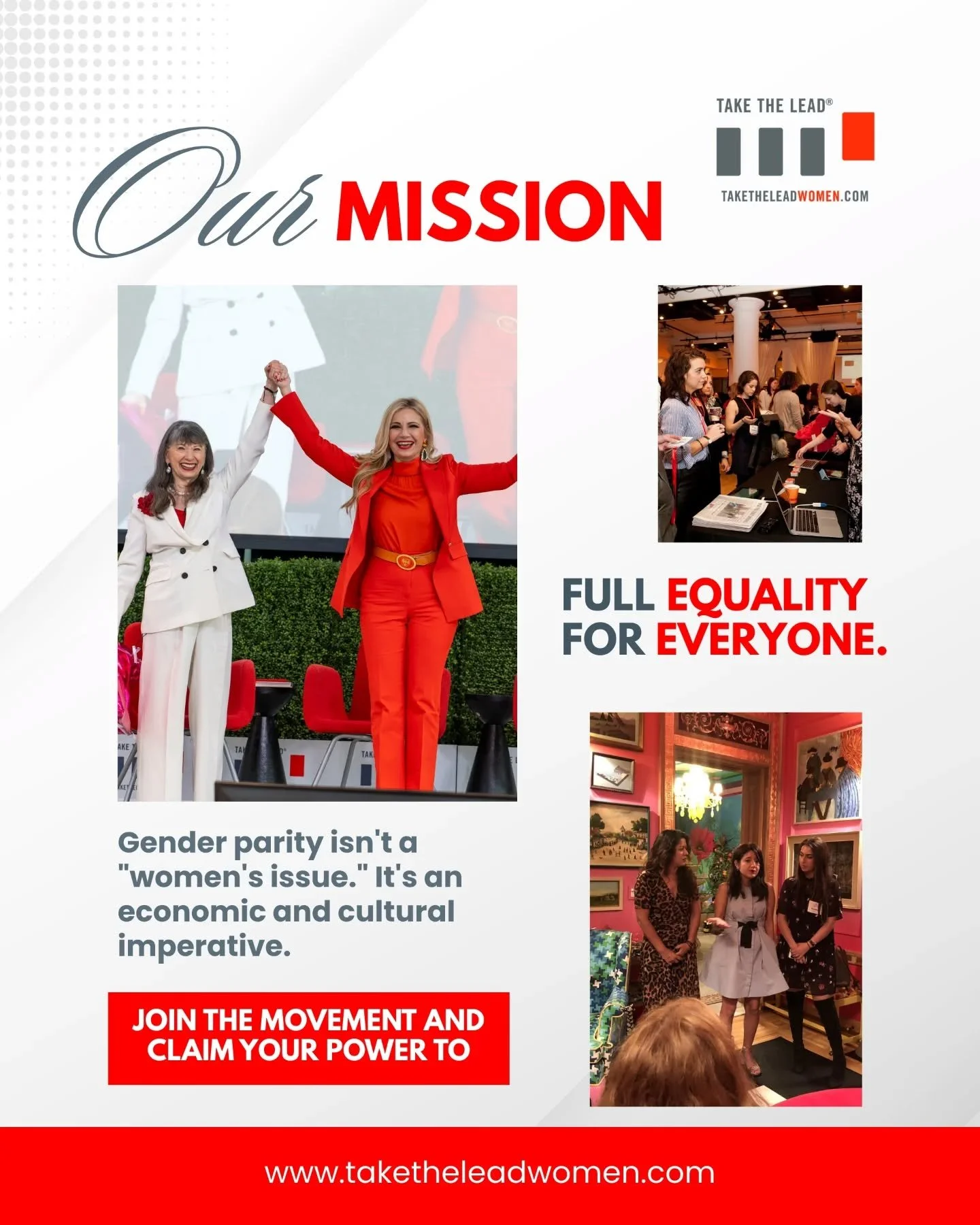 At Take The Lead, our mission is clear: we are going full speed ahead to full equality for everyone. We believe that when women lead, the very definition of power shifts from oppression to abundance.

We aren't just talking about change; we are drivi