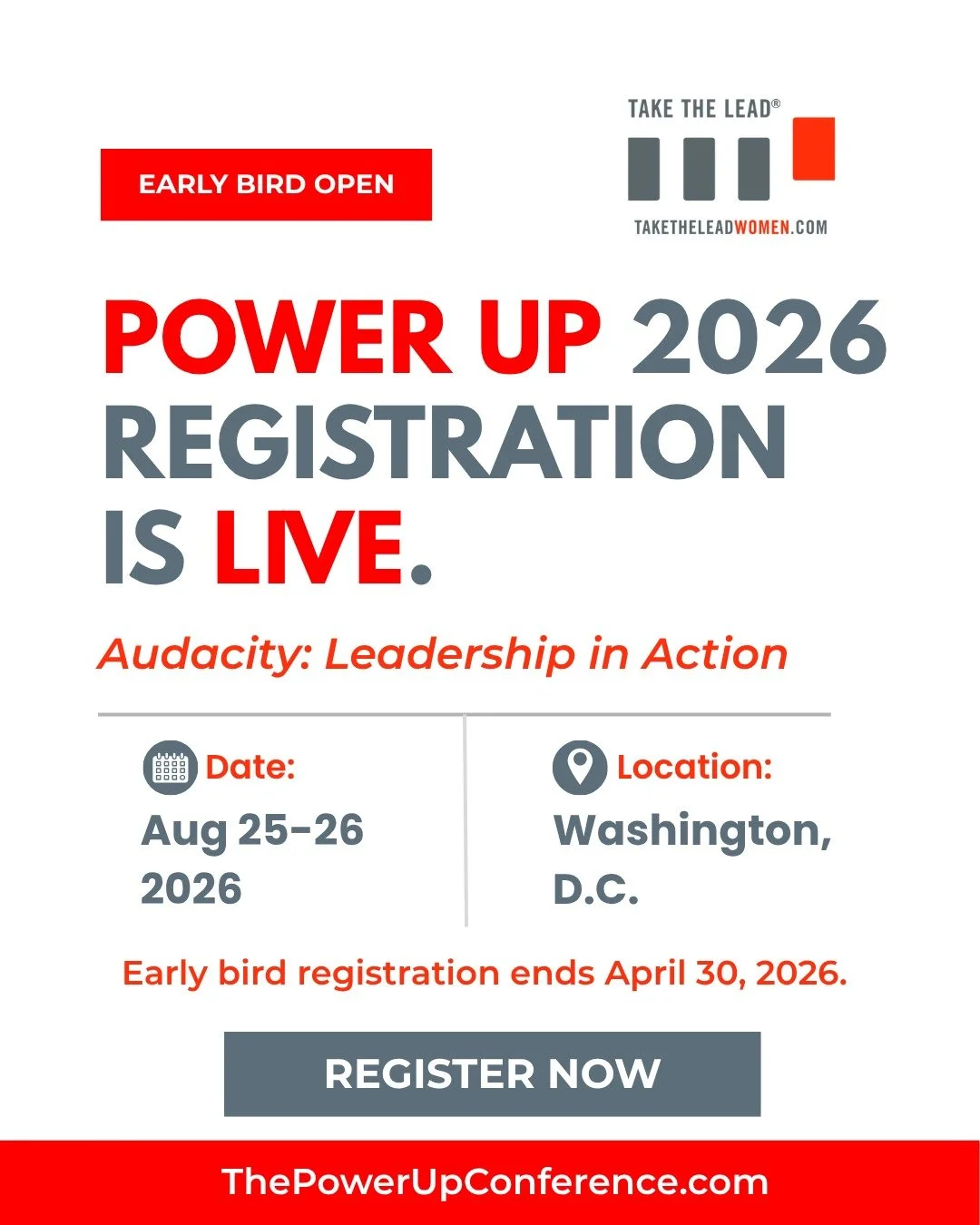 Registration for Power Up 2026: Leadership in Action is officially LIVE! Join us in Washington, D.C., this August to connect with visionary leaders and sharpen your leadership toolkit.

The best part? Early Bird Registration is open right now, but it
