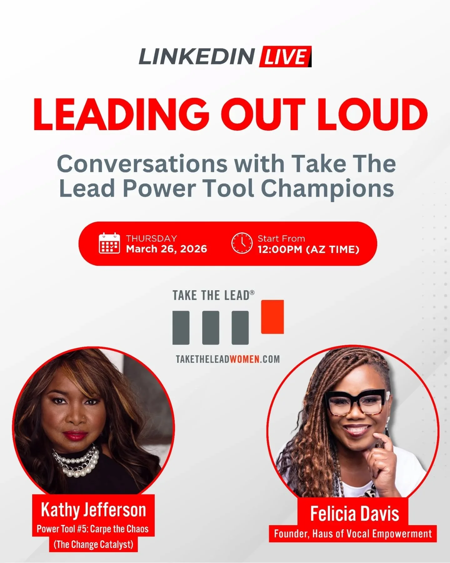 Leading Out Loud isn&rsquo;t about the volume of your voice&mdash;it&rsquo;s about the courage behind it. 🗣️✨

Join us for a powerful, no-filter conversation featuring Felicia Renea (Founder of Haus of Vocal Empowerment) and Kathy Jefferson (Founder