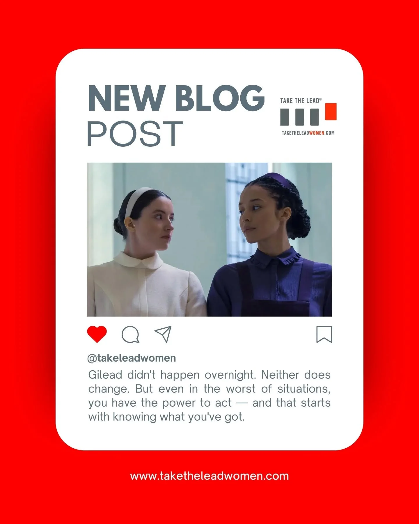 Art imitates life. Right now it's imitating it a little too closely. 🔴

The Testaments is streaming on Hulu. And while Gilead is fiction, the stat is not:

Women earn 85 cents to every dollar men earn. Hold 28.7% of the House. And companies are cutt