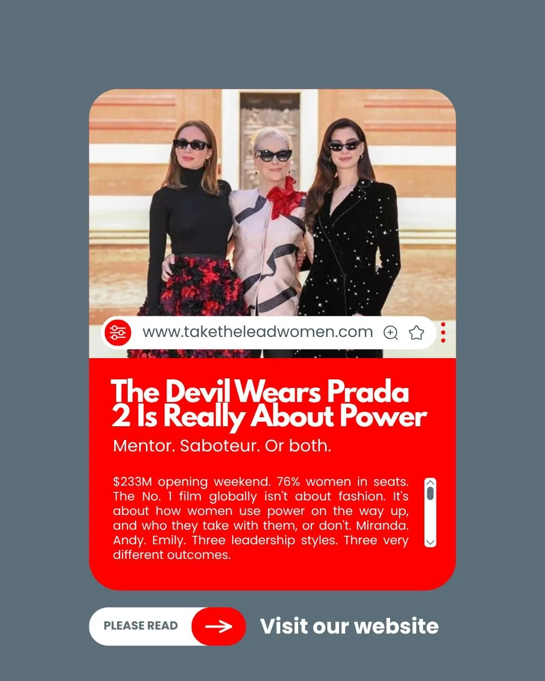 $233 million. 76% women buying tickets. The No. 1 movie in the world right now.

And it's not really about the clothes. 👀

The Devil Wears Prada 2 is a masterclass in how women use and misuse power on the climb. 
Miranda is brand-driven. Andy is mis