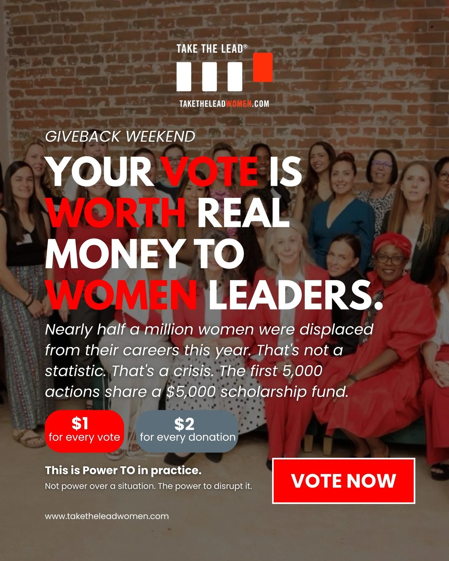 Your click = real dollars for women leaders. 🔴

This weekend only, every vote for @takeleadwomen on MyGivingCircle puts $1 toward scholarships for women who've been displaced and are ready for what's next. Every donation = $2.

This is what being th