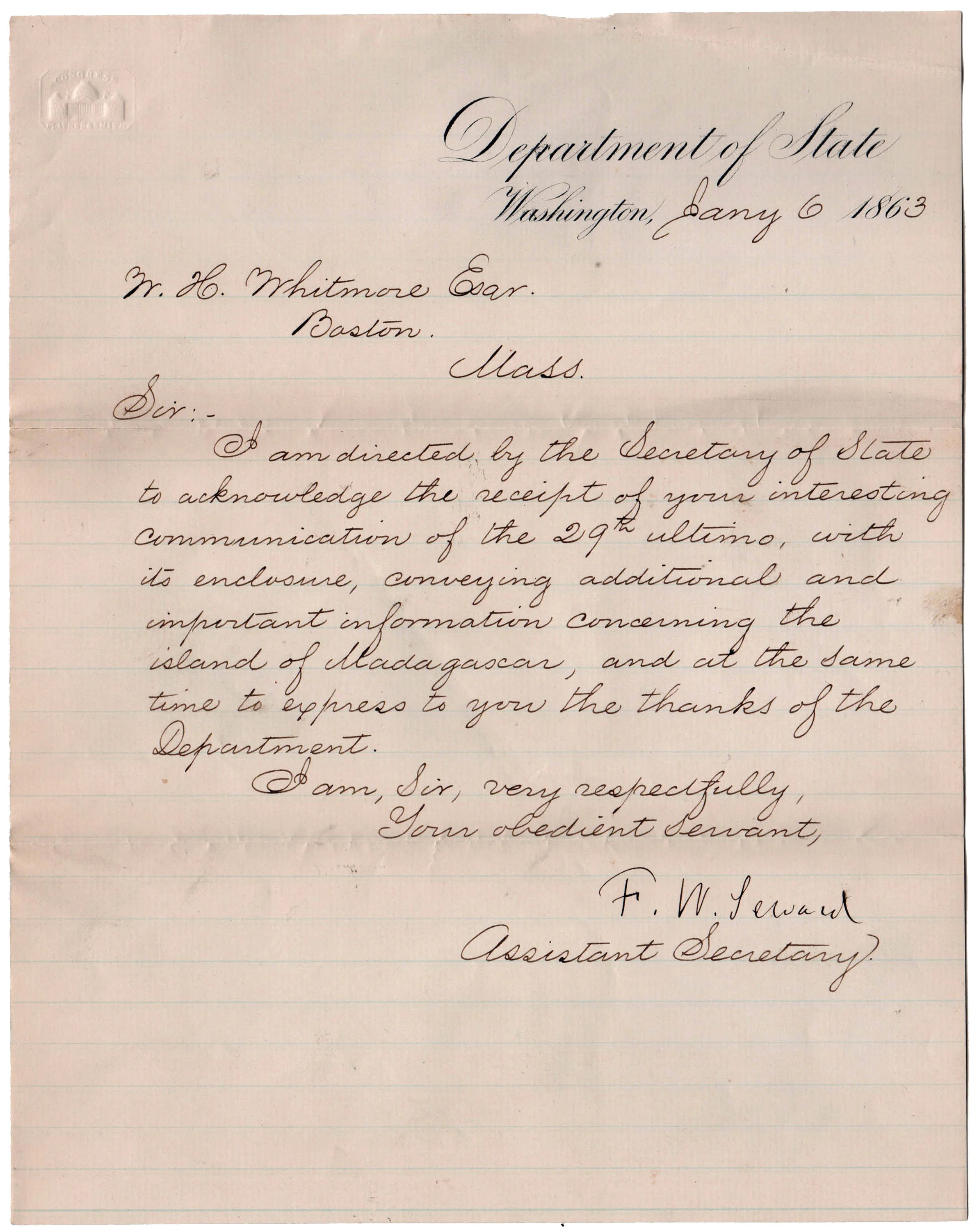 1863 Frederick W. Seward Signed Letter