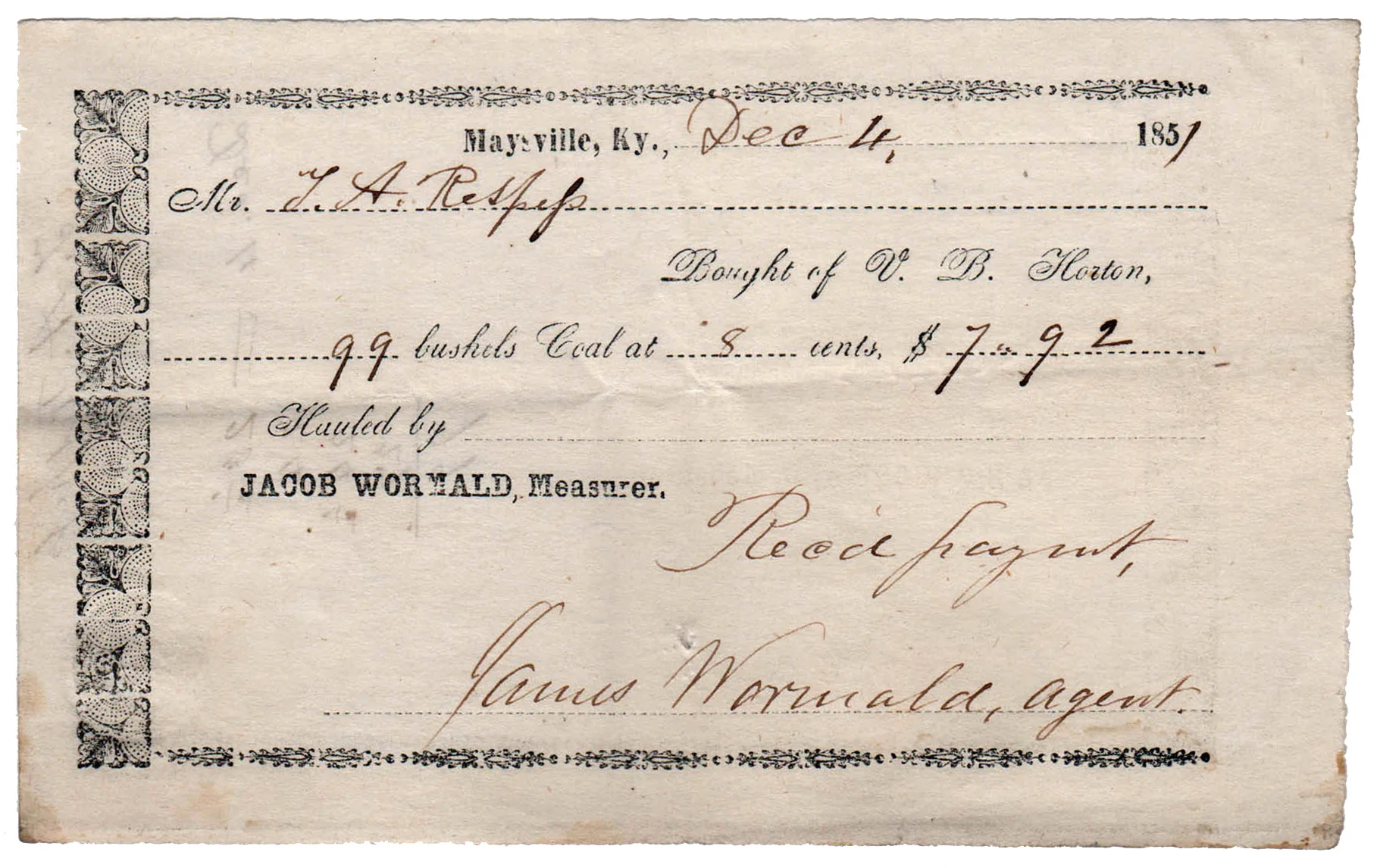 1851 Kentucky Receipt
