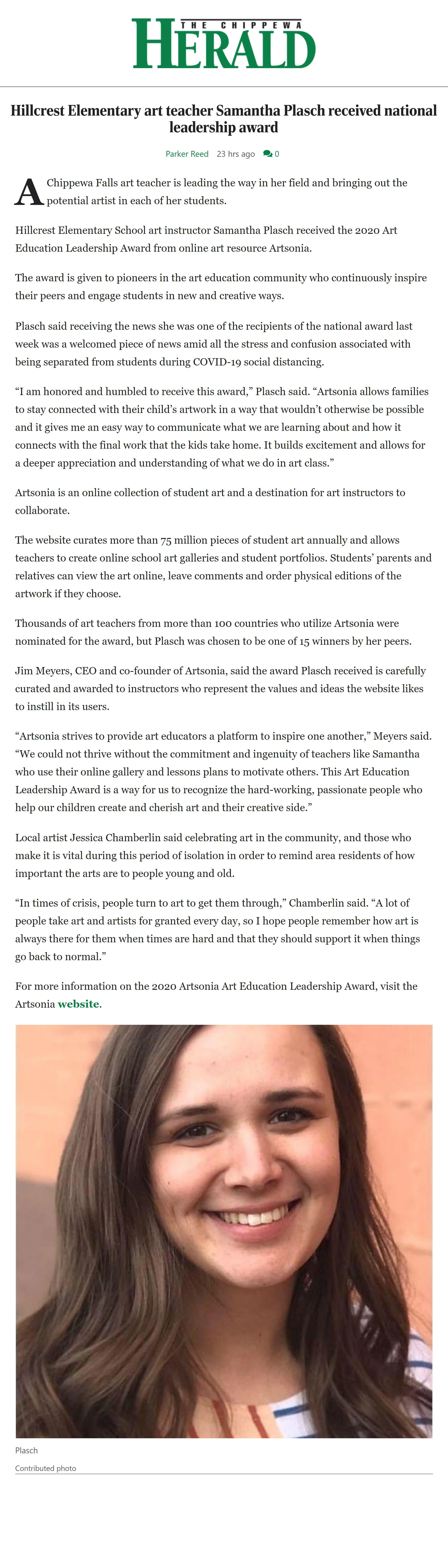 https://chippewa.com/news/local/hillcrest-elementary-art-teacher-samantha-plasch-received-national-leadership-award/article_58b2781e-66b7-5e5c-aa29-0d2770da5537.html?fbclid=IwAR1THX_vYvRib6m7Cd-uRBbmIFMPakRqsKJ0qKySWp1ifg1e5ekmIvrMw54#tracking-sourc…