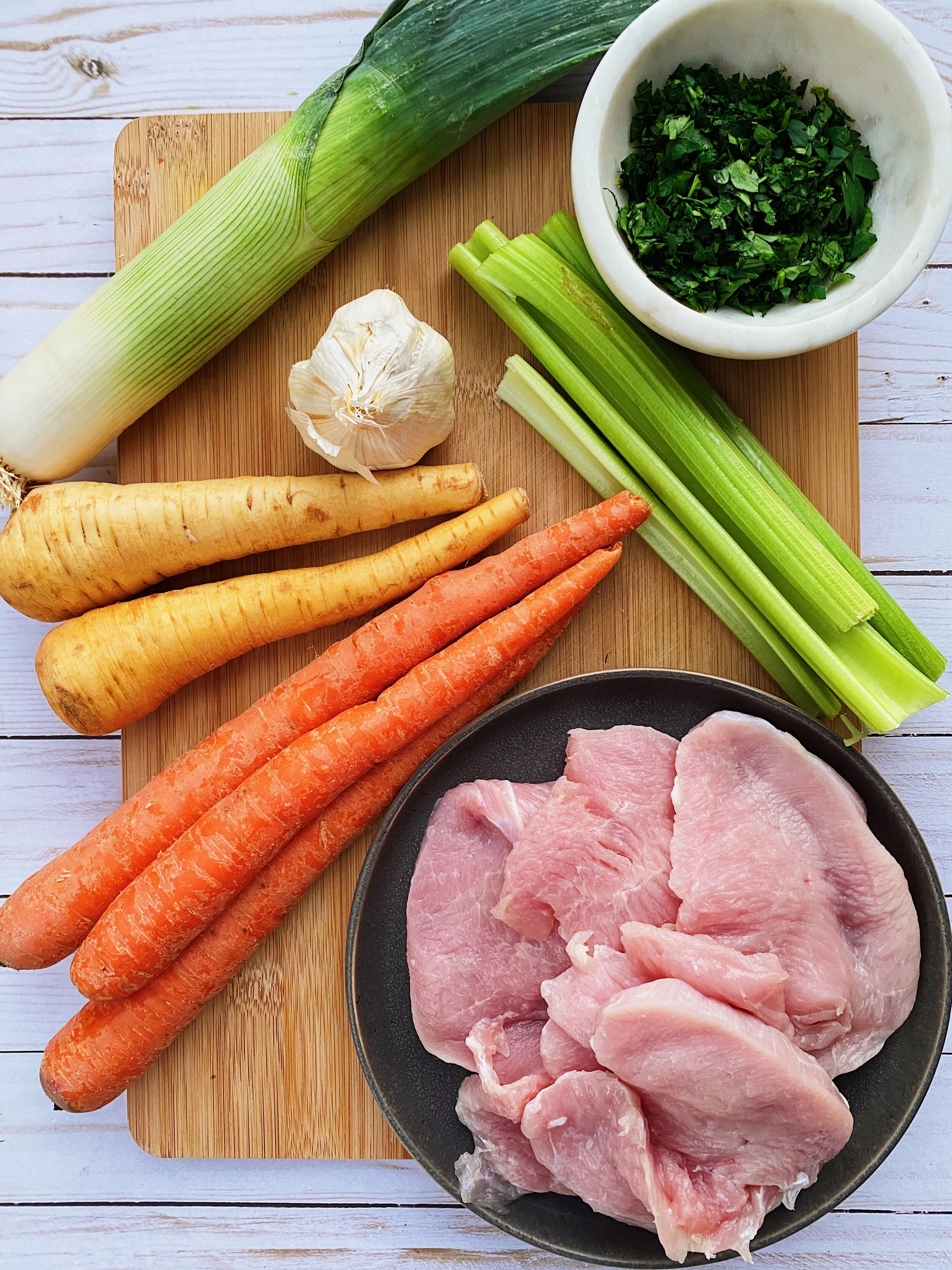 Turkey Cutlets with Leek Mirepoix in Mustard Coconut Milk Sauce