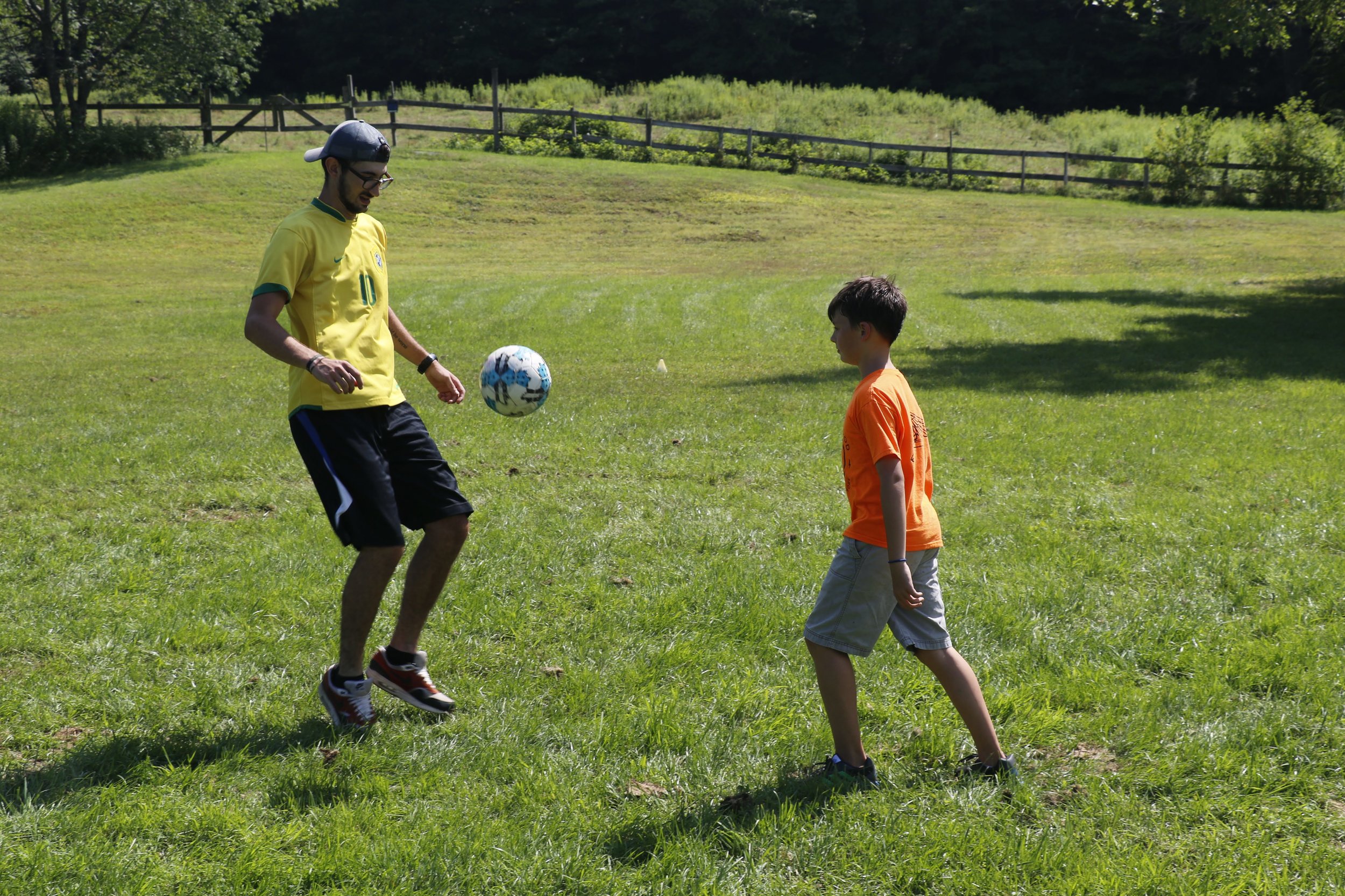 Playing soccer