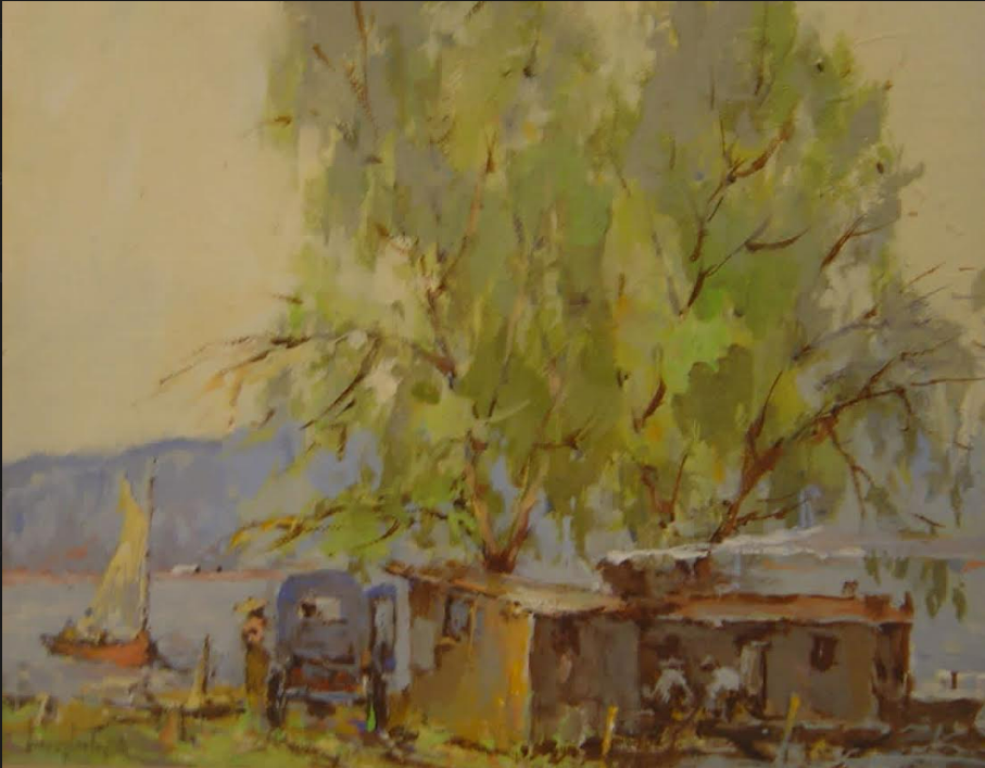 Watercolor painting of a large green tree with a small building and a sailboat in the background.