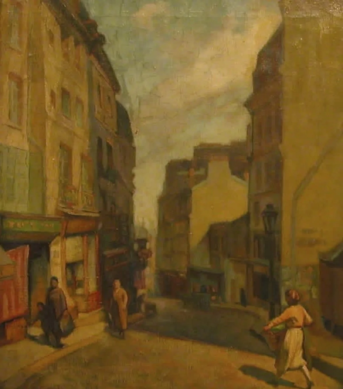 A painting depicting a street scene with buildings on either side, a smoke-filled sky, and people walking along the street.