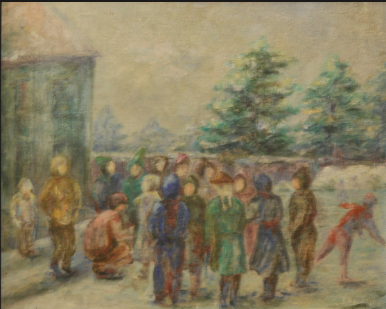 Painting of children gathered outdoors near trees, wearing colorful clothing.