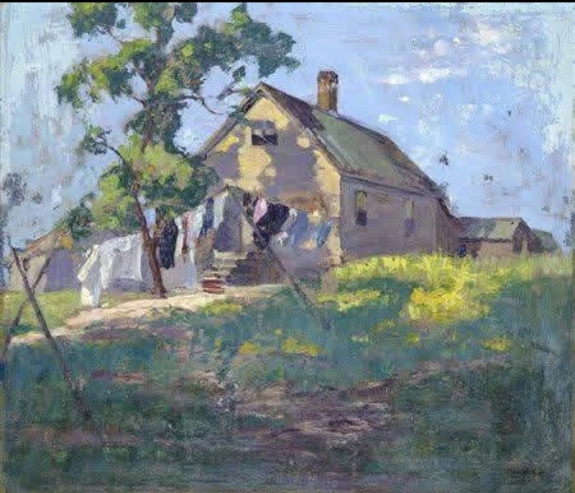 Watercolor painting of an old house with laundry hanging outside, surrounded by trees and green grass under a blue sky.
