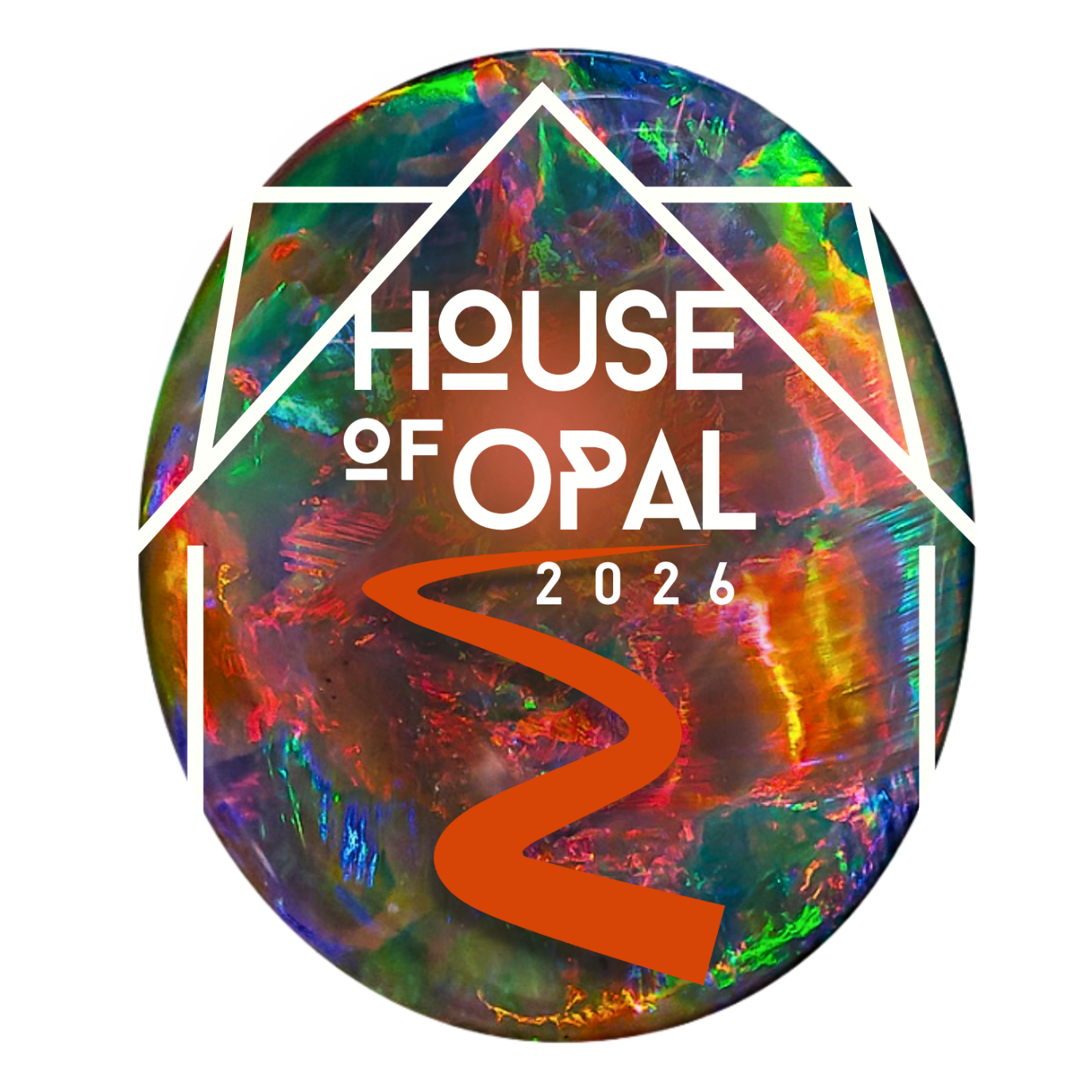 A colorful opal gemstone with the text 'House of Opal 2026' and a winding orange road graphic overlaid on it.