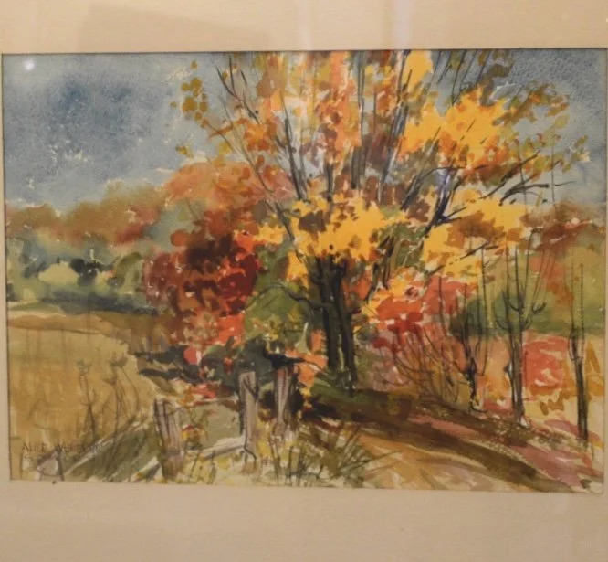 A watercolor painting of a large tree with yellow and orange leaves in autumn, set along a rural landscape with distant fields and a cloudy sky.