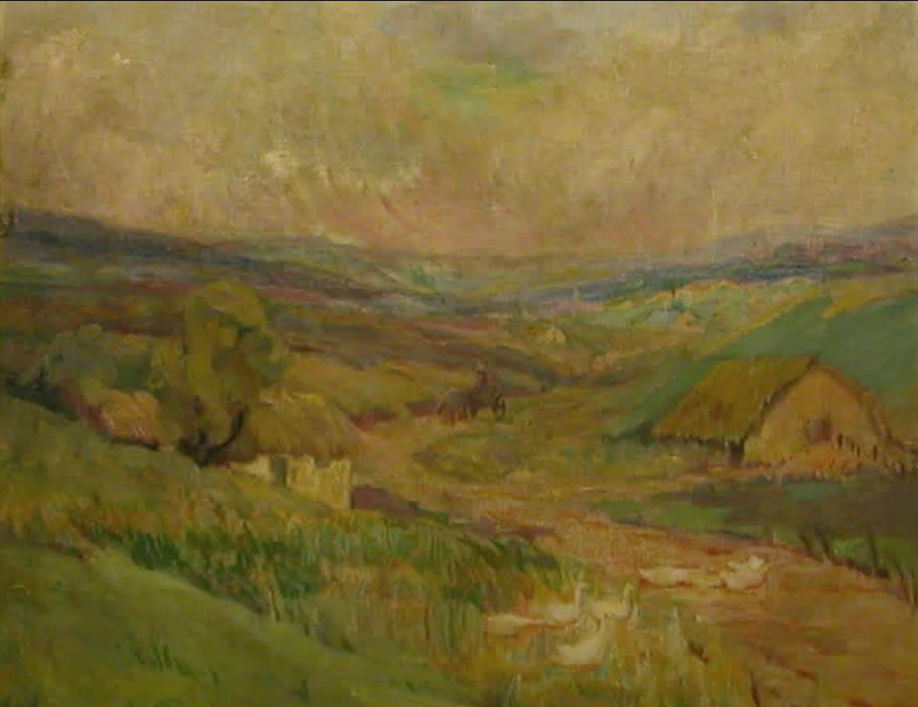 A landscape painting depicting a countryside scene with haystacks, a thatched barn, trees, and rolling hills in the background under a cloudy sky.