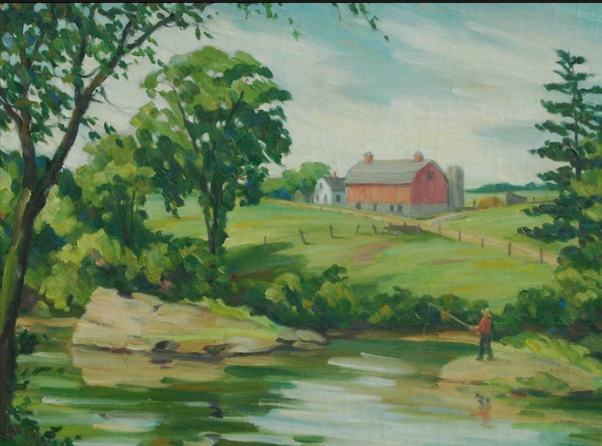 A watercolor painting of a rural landscape featuring a river, green trees, a grassy hill, and a red barn in the background with a small house nearby.