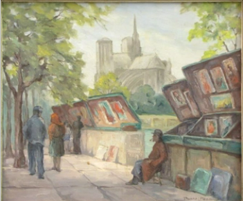 Street scene with outdoor bookstands, a man sitting, and a church in the background.