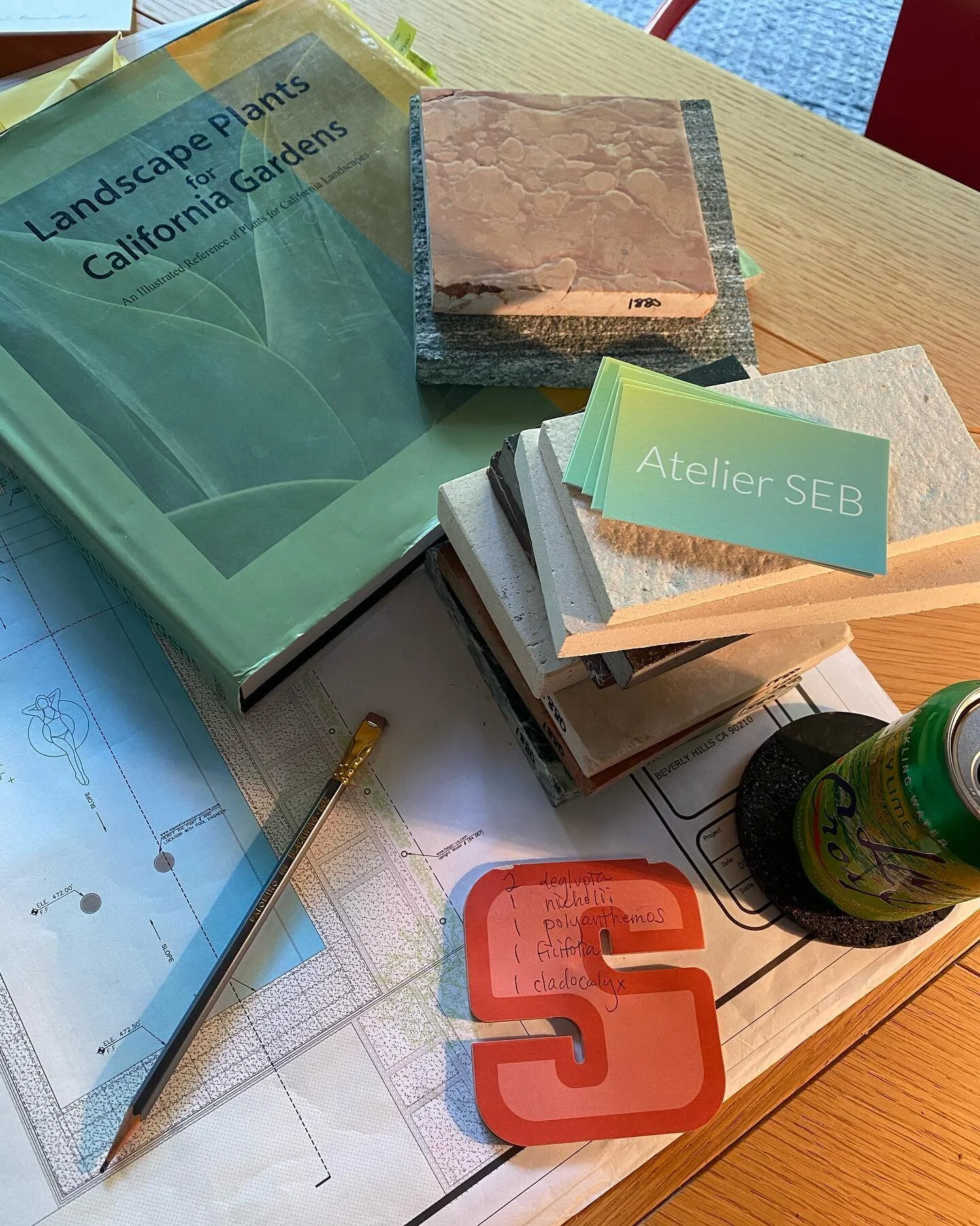 This is what being a landscape designer often looks like. So glad I like my office... I&rsquo;m here a lot! With my stone samples, Blackwing pencils, plans, reference books, iPad, and a million La Croix. #workspaces #designersdesk #blackwingpencil #l