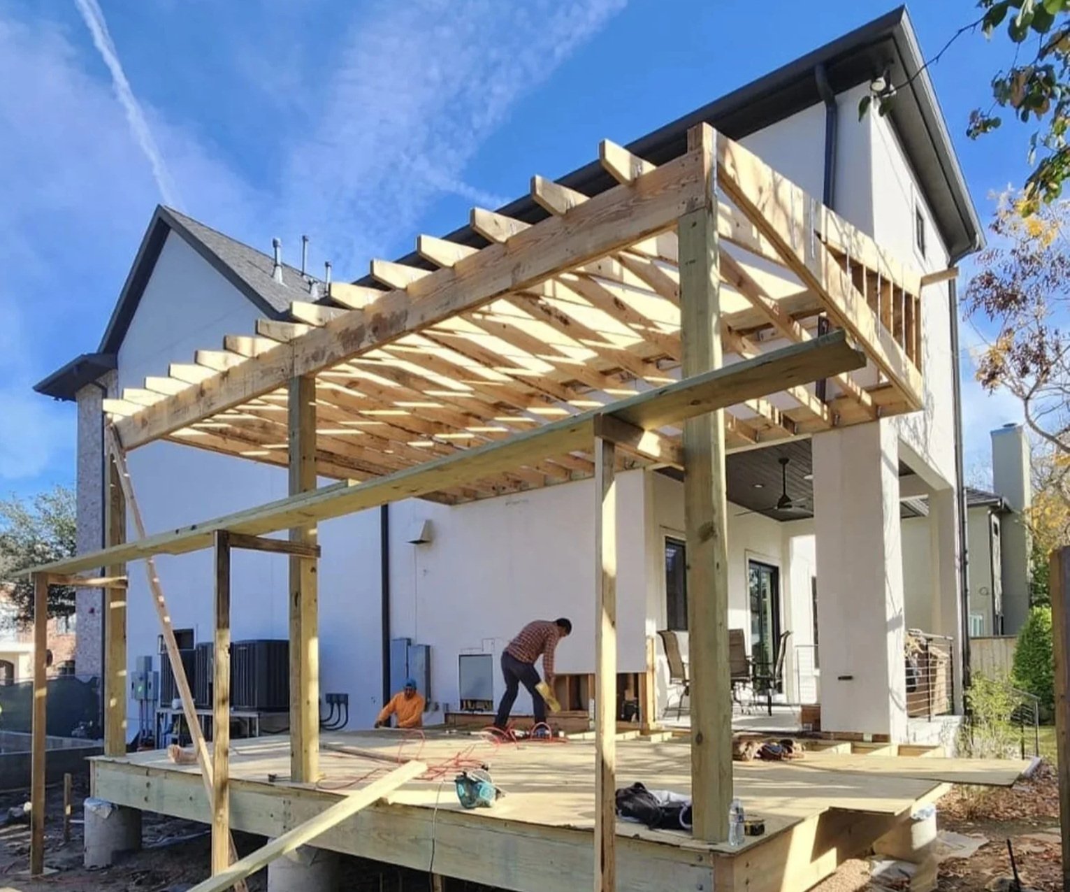 Residential home framing during construction showing structural wood system