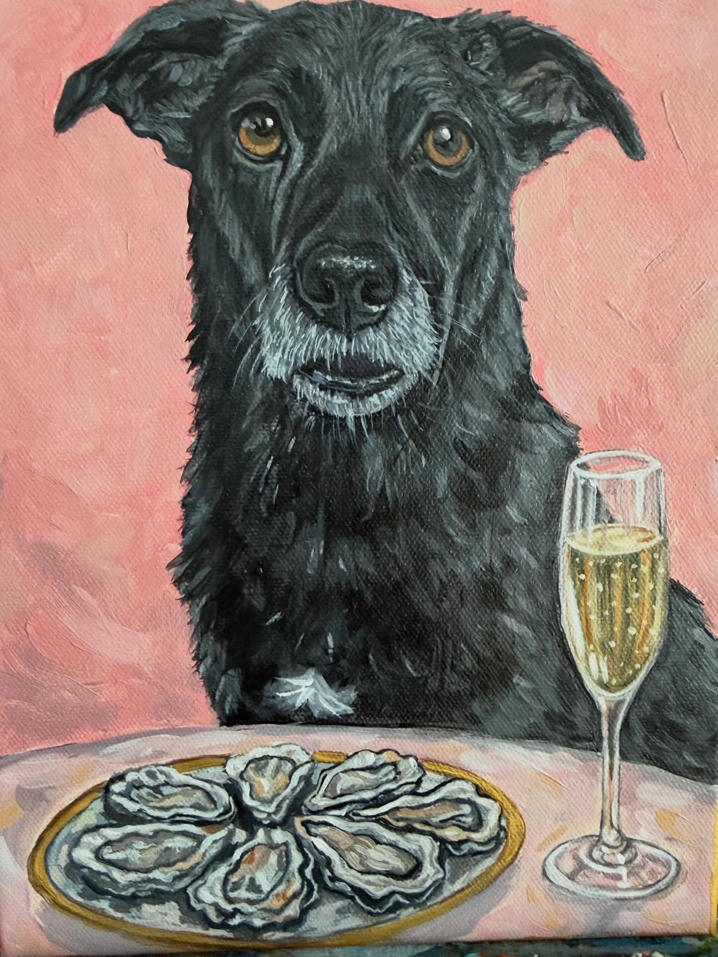This was fun to paint! There&rsquo;s even a song for it! Oysters 🦪 and champagne 🥂! Great AI idea from my friend @jessie.nc4 ! Can&rsquo;t wait to finish the next3 of her sweet doggies! #dogs #dogart #oysters #petportraits #petportraitsbymilagros