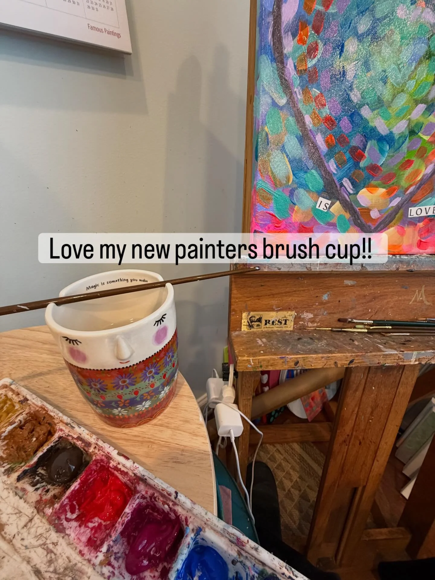 Isn&rsquo;t this the cutest painters 🧑&zwj;🎨 cup? I don&rsquo;t want to get it dirty! Thank you @kellirhorton for my sweet gift! 🎁🩷🙏🏽#littlejoysinlife #thoughtfulfriends❤️ #lovemyfriends #petportraitsbymilagros #gifts