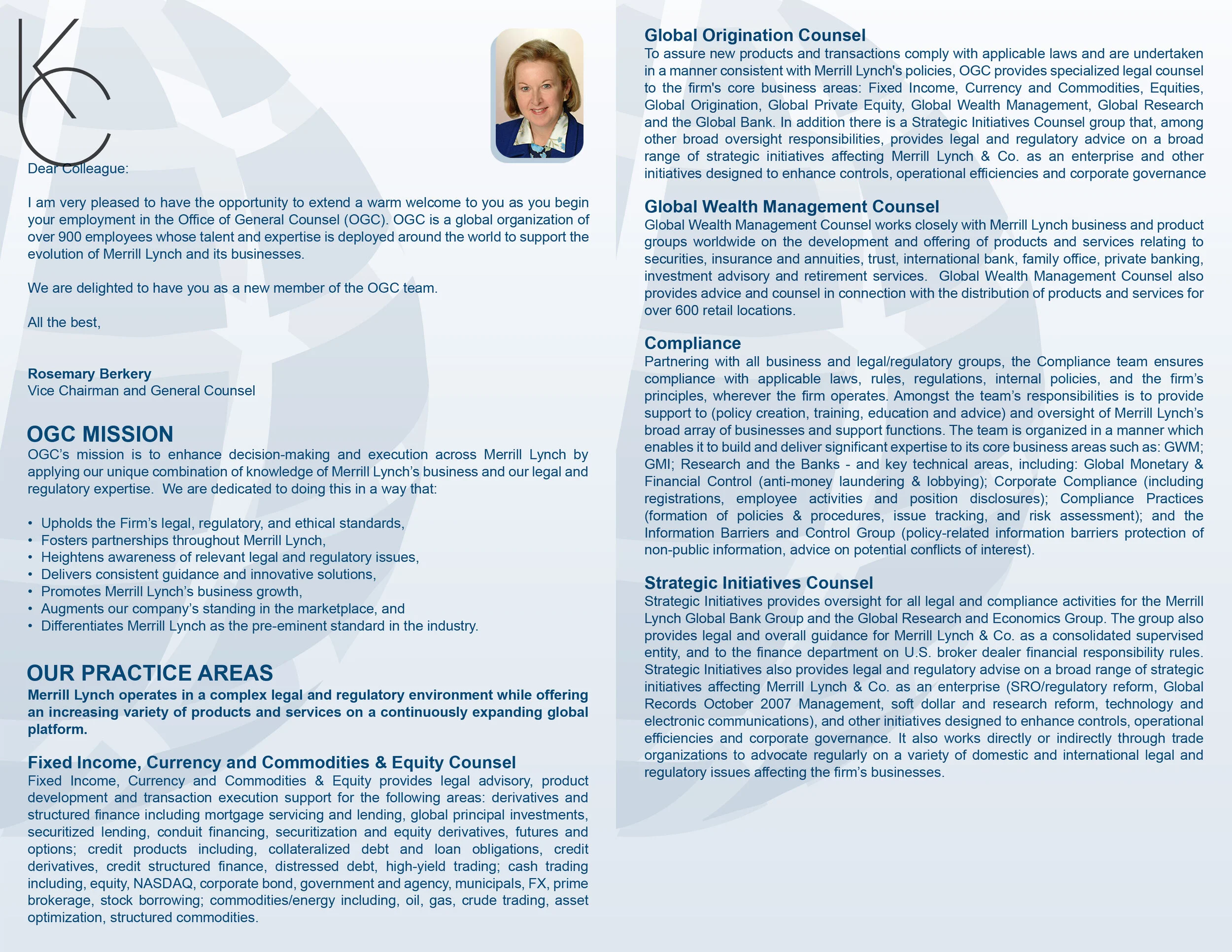 Merrill Lynch OGC New Hire Pamphlet (brochure spread, half-letter sized)