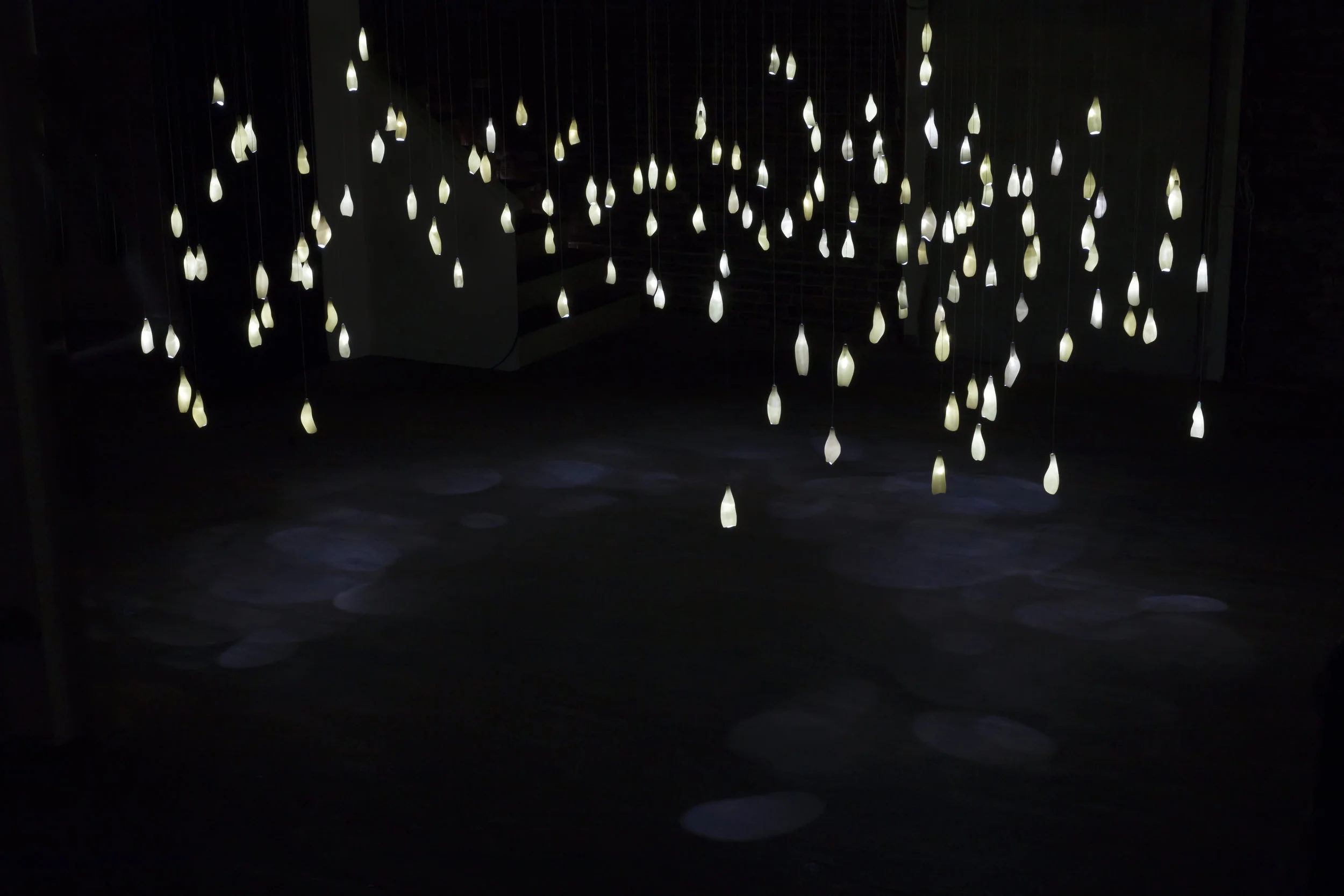  Kore In the Round 2019  Slip cast porcelain vessels, LEDs modulated with Arduino micro controller board, Installation 17’ x 17’x 17’.  Photography by Henry Daniel Gatlin 