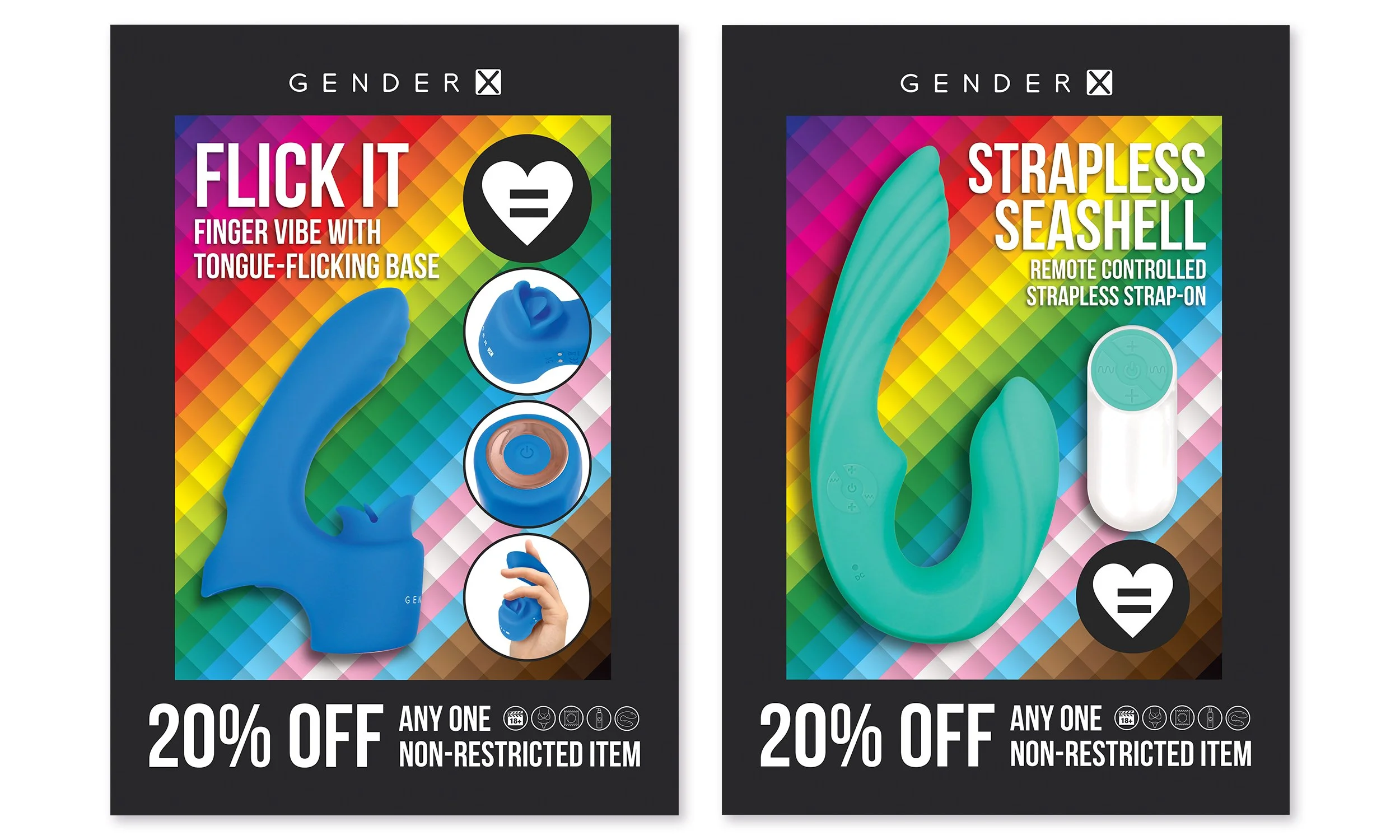  Double-sided in-store hanging posters. 23” x 32”. Images appear front/back. 