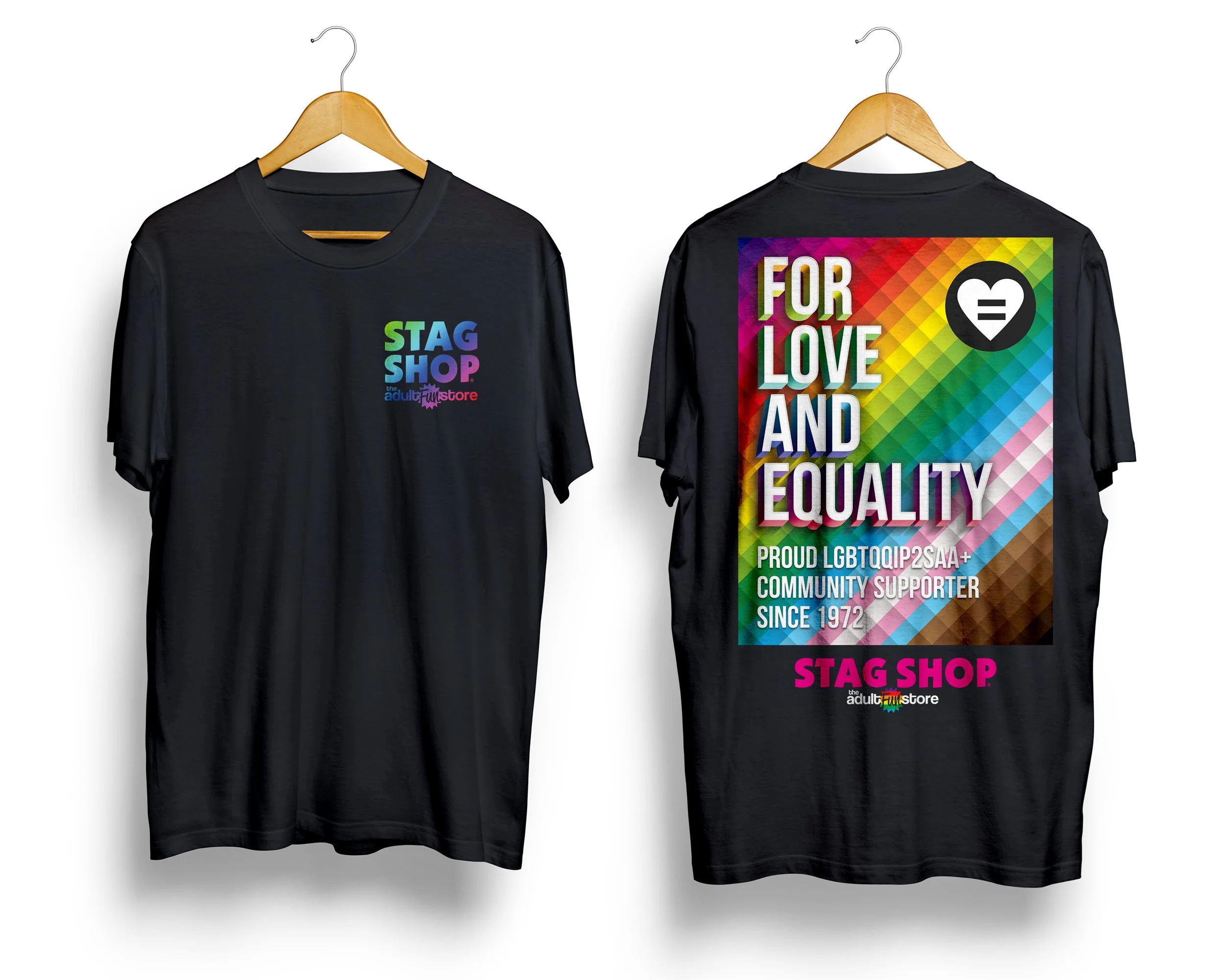  Staff T-shirts for local Pride events. Front chest logo is holographic heat press vinyl applied in-house. Back graphic printed direct-to-garment. 