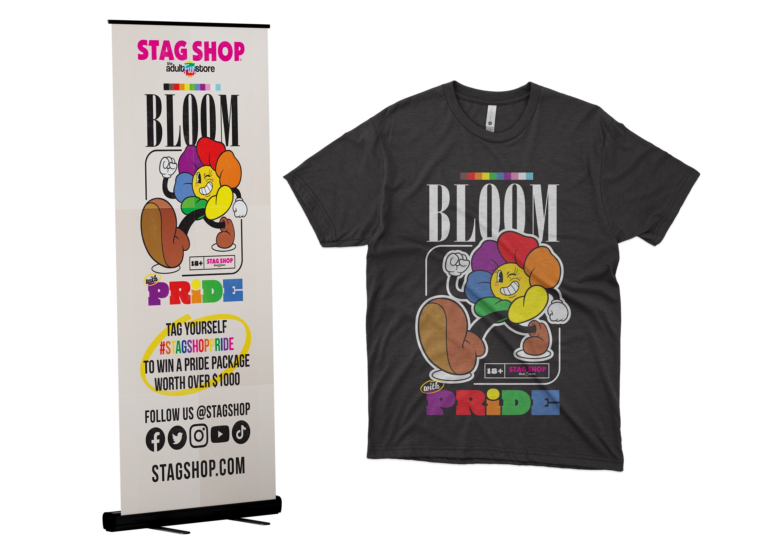  Promotional banner stand and staff t-shirts for Pride events. 