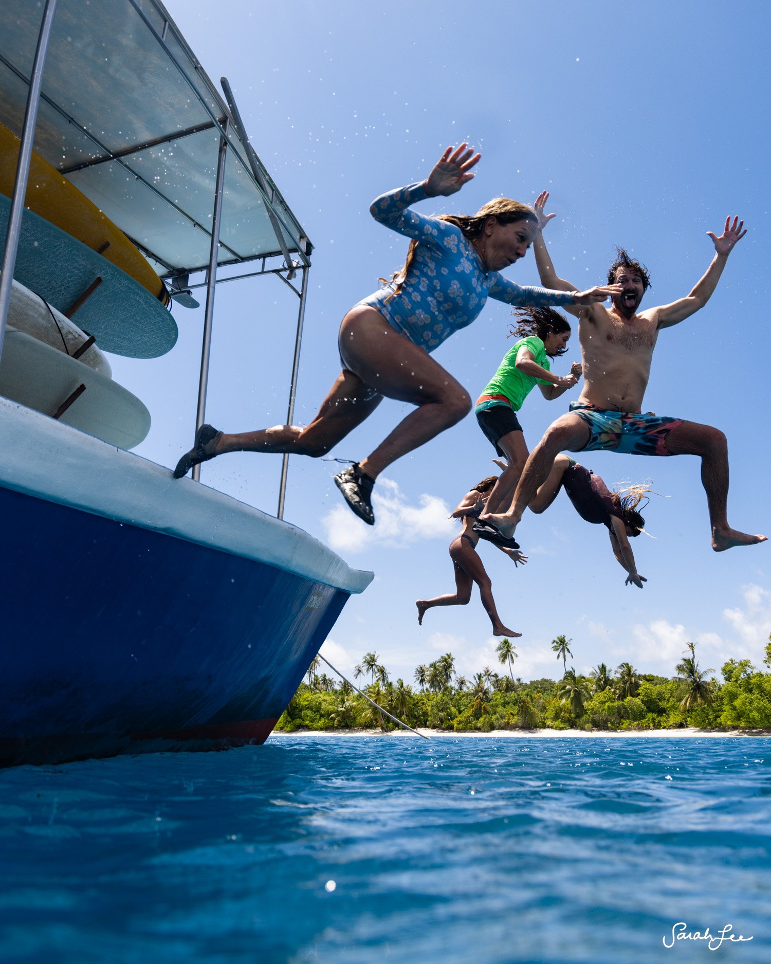 All ages group boat surf trip having fun in the Maldives