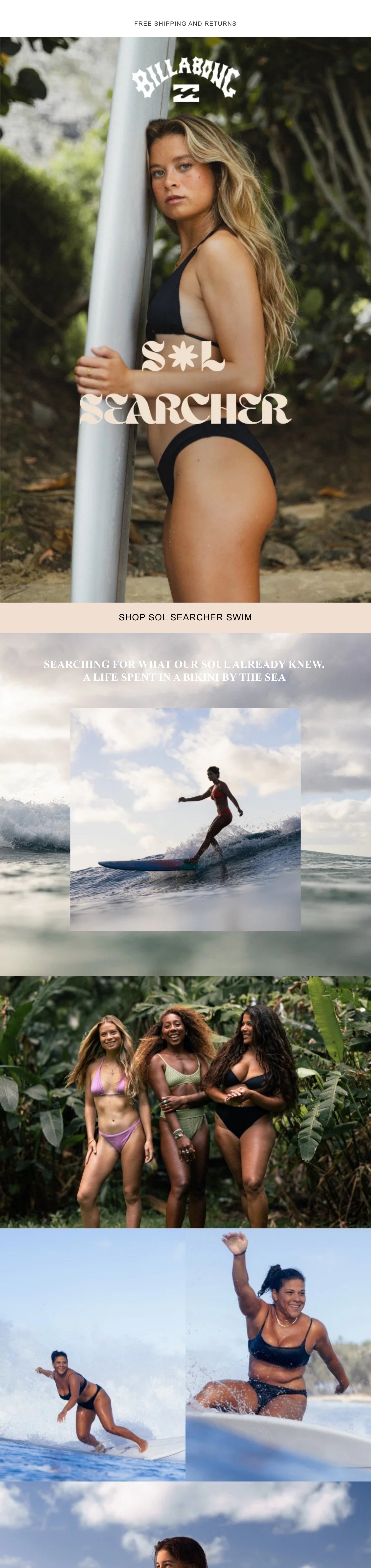 Collage of women at the beach, with surfing and tropical jungle scenes, promoting Billabong swimwear.