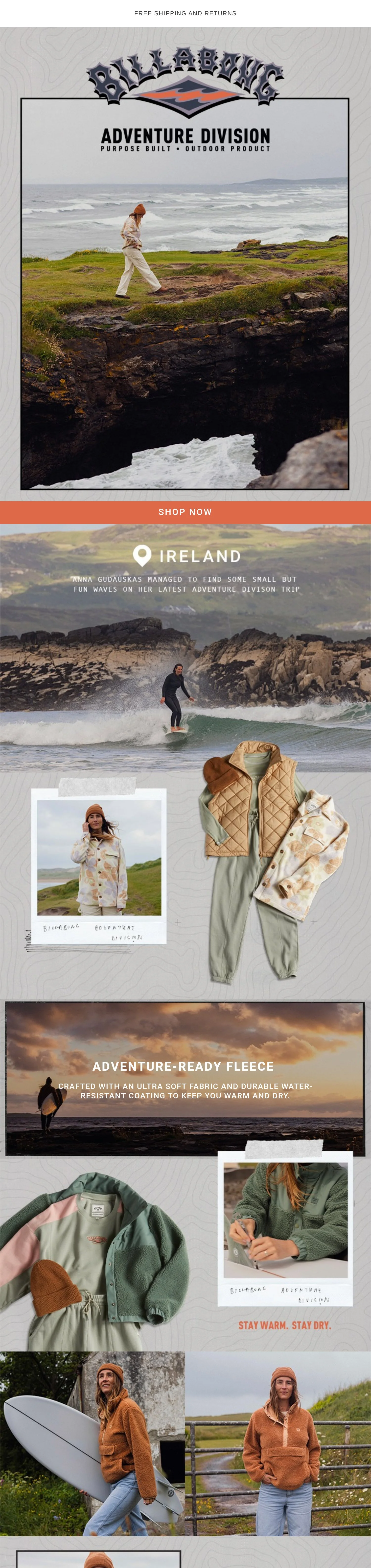 A promotional advertisement for outdoor adventure clothing and gear, featuring images of people surfing and walking outdoors along coastlines, and displaying various jackets, fleeces, and accessories suitable for outdoor activities.