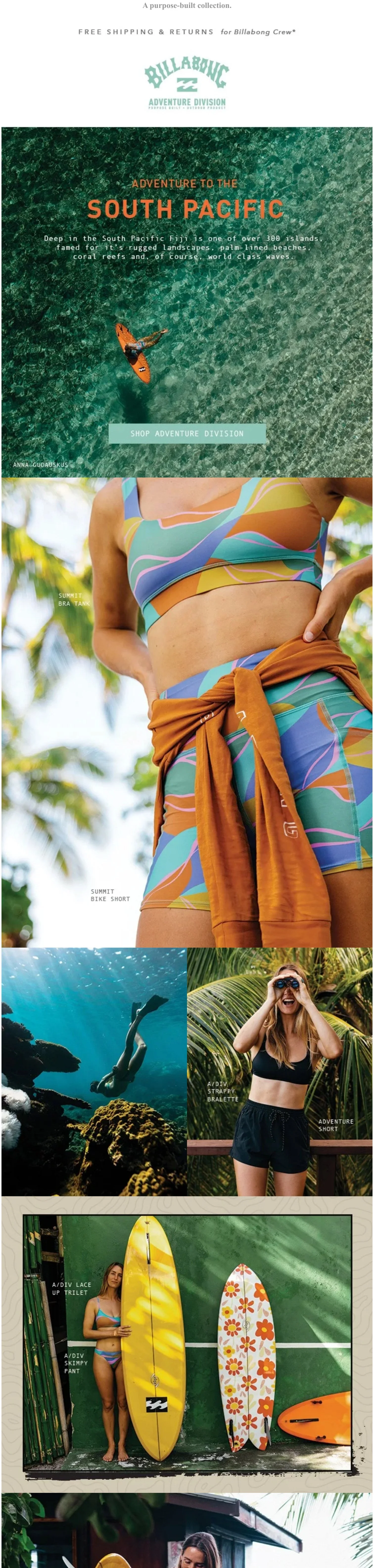 A promotional beachwear and adventure gear collection featuring a billboard for Billabong's Adventure Division, showcasing surf and outdoor apparel, swimwear, and accessories set against scenic backgrounds including the ocean, tropical trees, and sur