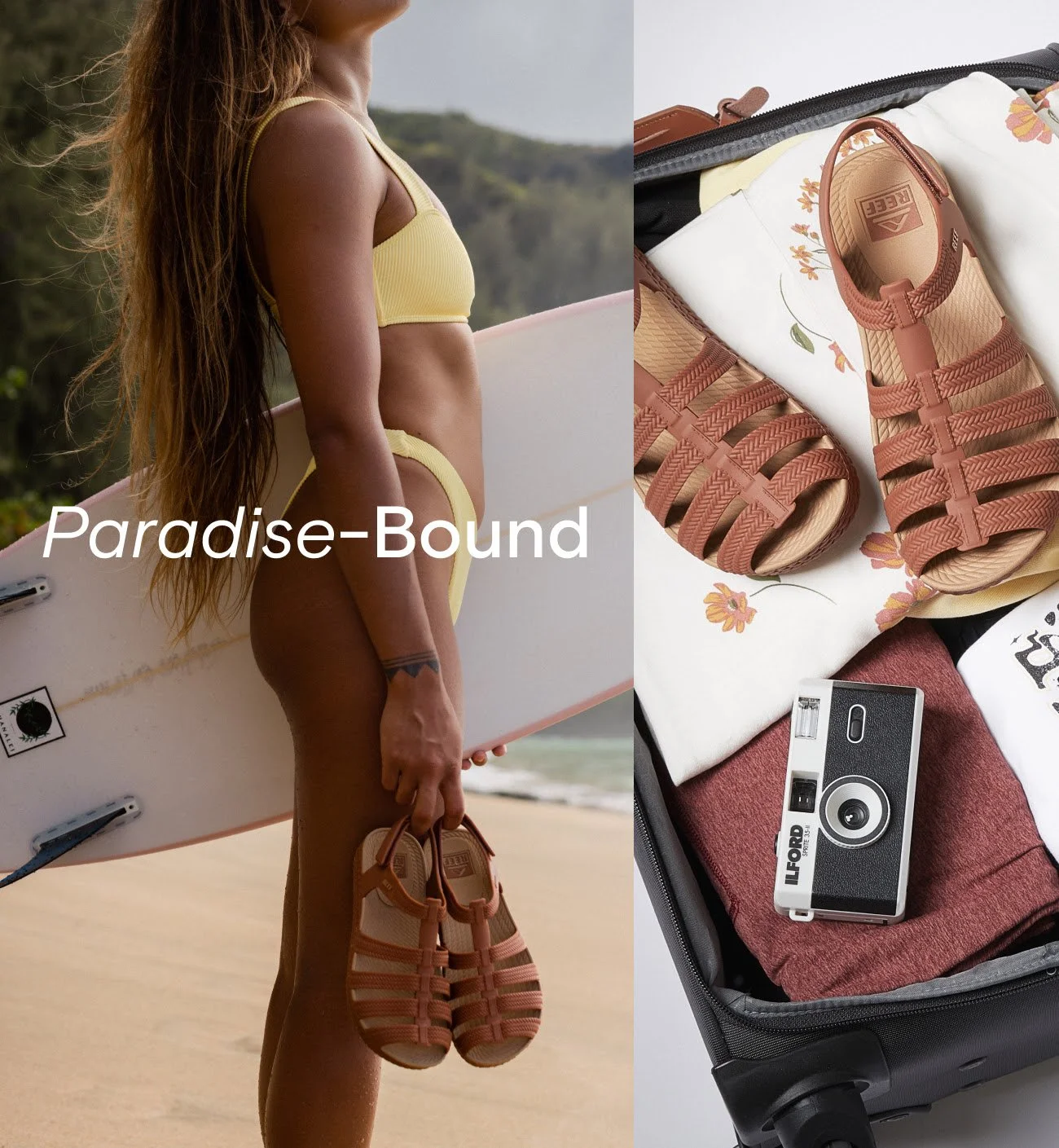 A woman in yellow swimsuit holding brown sandals and surfboard standing on a beach with ocean and hills in background, with the text "Paradise-Bound" overlayed. Next to her, an open suitcase contains more brown sandals, a camera, folded clothing, and