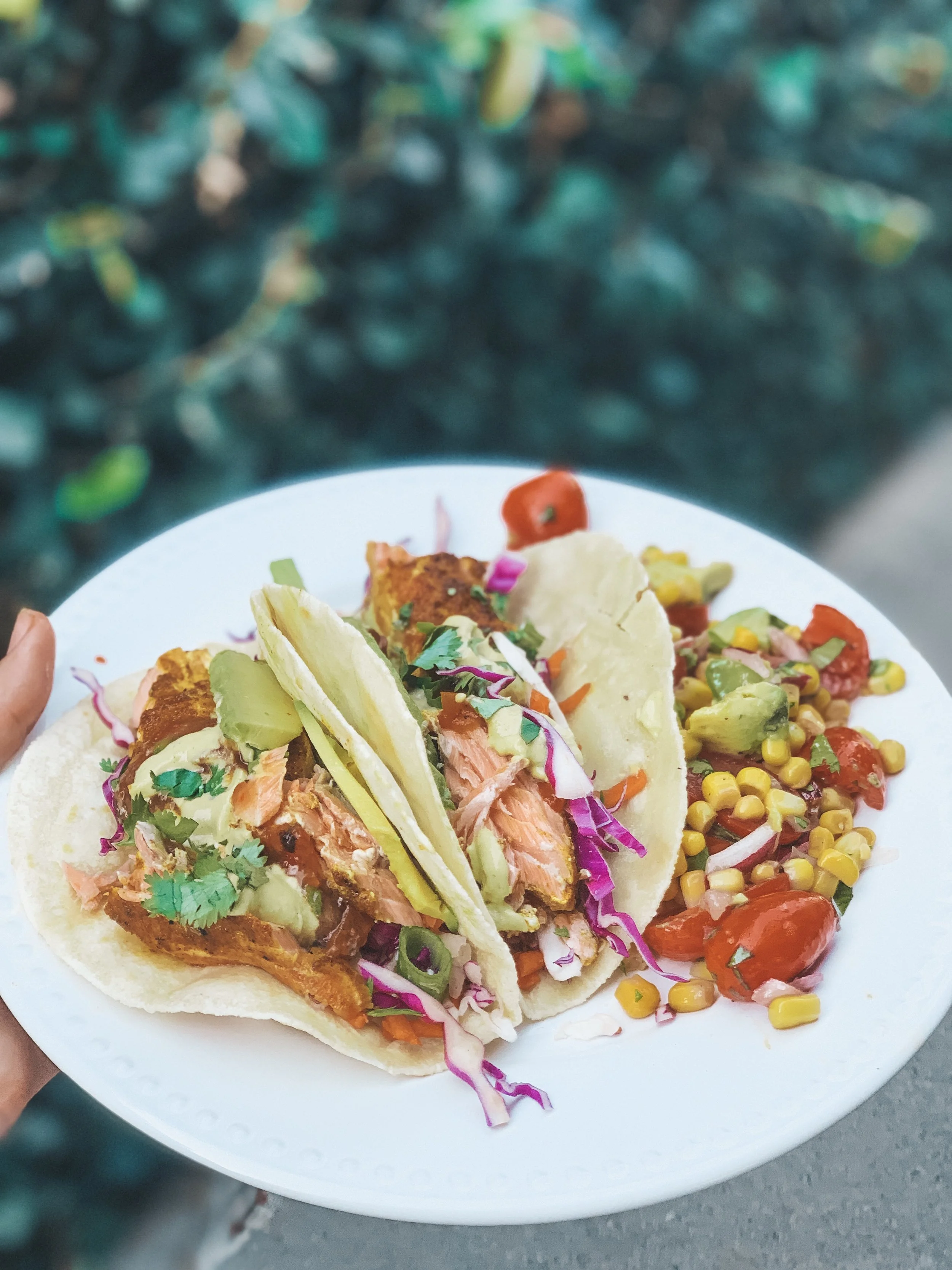 Salmon Tacos with Tomato &amp; Corn Salad