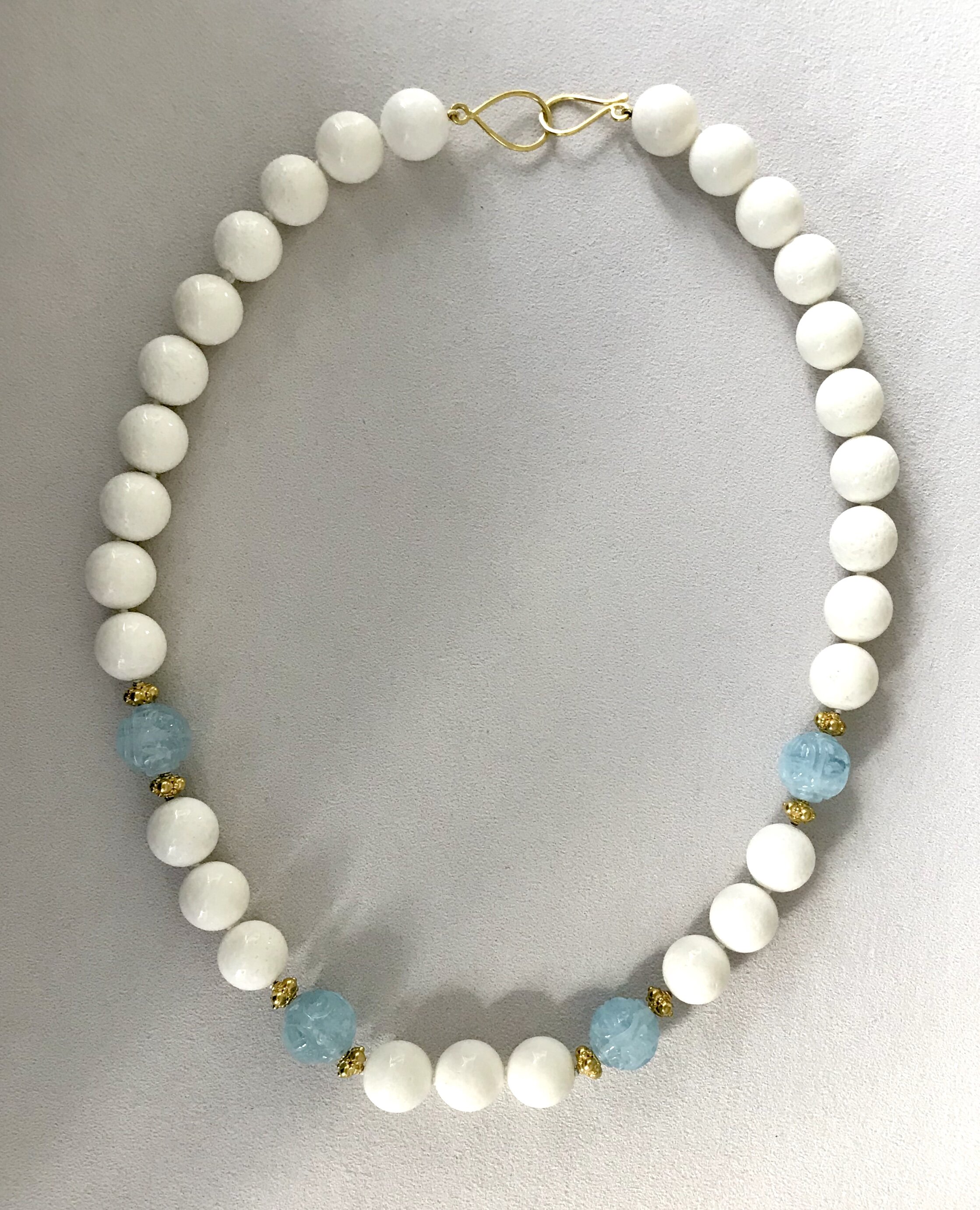 White Coral, Aquamarine and Gold Bead Necklace