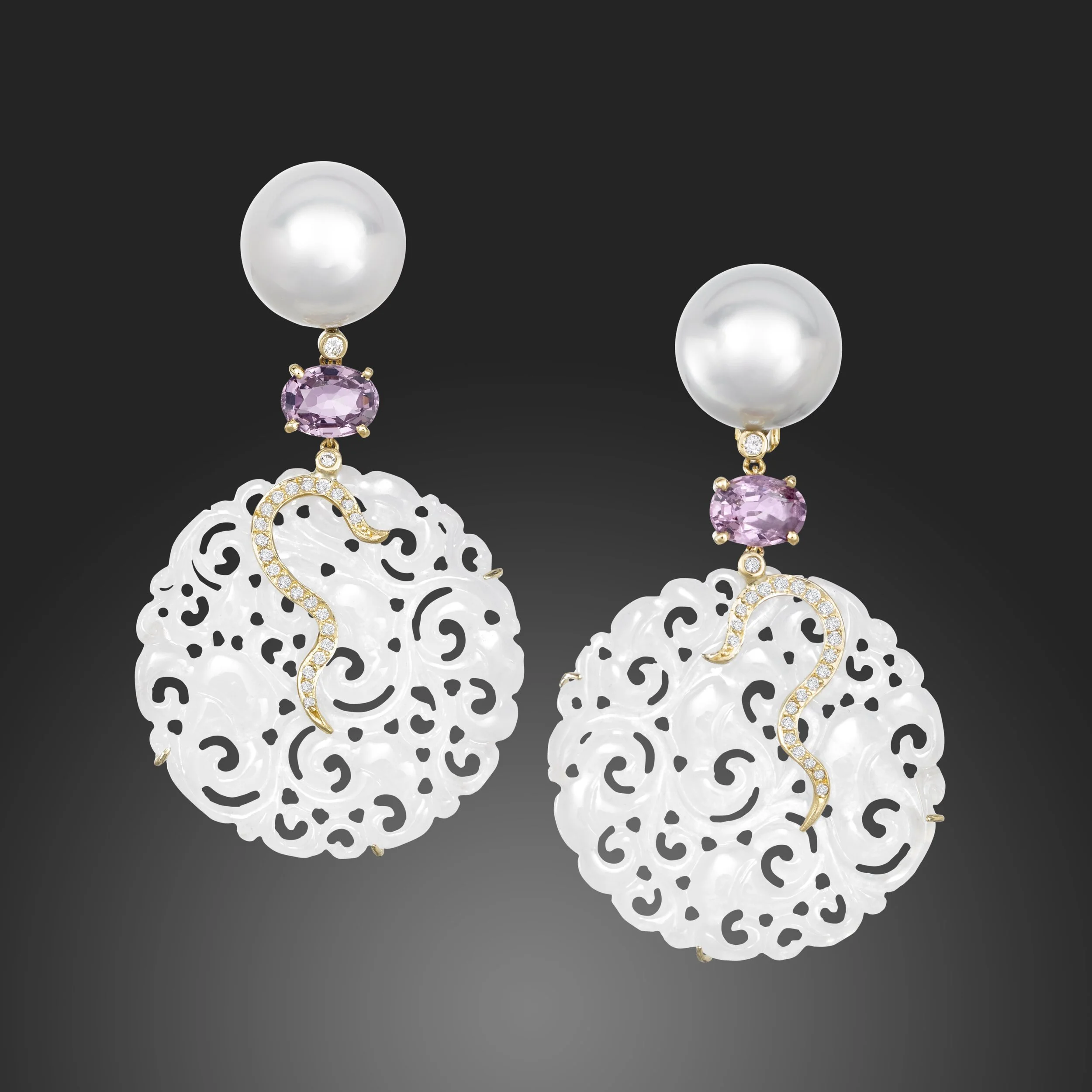 JOON HAN Round White Jade Earrings Dark Background.jpg