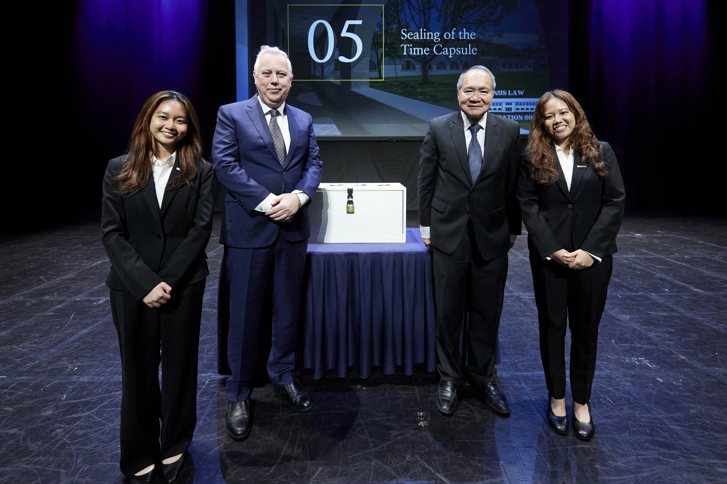 FOCC Members with Dean Andrew Simester and Guest of Honour, Attorney-General Lucien Wong with the sealed Time Capsule for the class of 2029